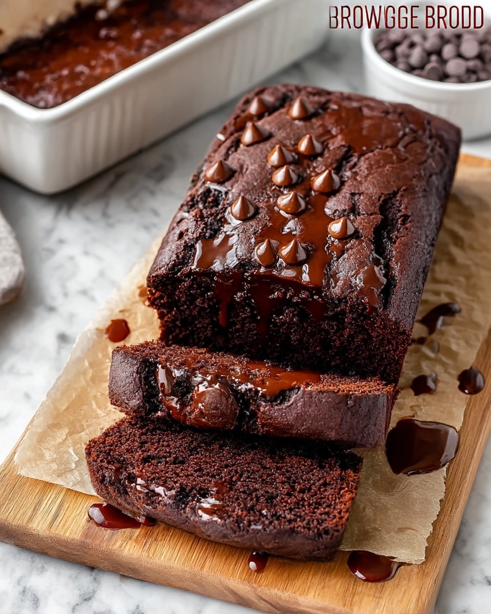 A thick rectangular chocolate cake loaf with a cracked, shiny dark brown crust sprinkled with round chocolate chips on top sits on a piece of parchment paper over a wooden board. The cake has been sliced twice at the front, showing a rich, moist, and dense dark chocolate interior with a slightly gooey texture near the edges. In the background, a gray baking pan holds more slices of the same dark chocolate cake. The scene is set on a white marbled surface. photo taken with an iphone --ar 4:5 --v 7
