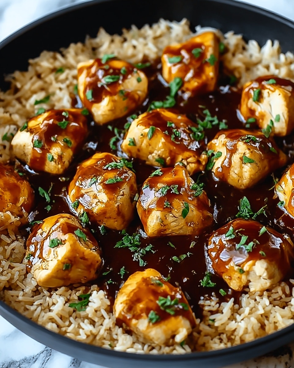 This image shows a close-up of a black skillet filled with two layers of food. The bottom layer is light brown cooked rice, which is slightly fluffy and fills the entire pan. The top layer consists of medium-sized bite pieces of golden-brown chicken covered with a thick, shiny dark brown sauce. The chicken pieces are scattered evenly and topped with small bits of fresh green herbs. The skillet rests on a white marbled surface. photo taken with an iphone --ar 4:5 --v 7