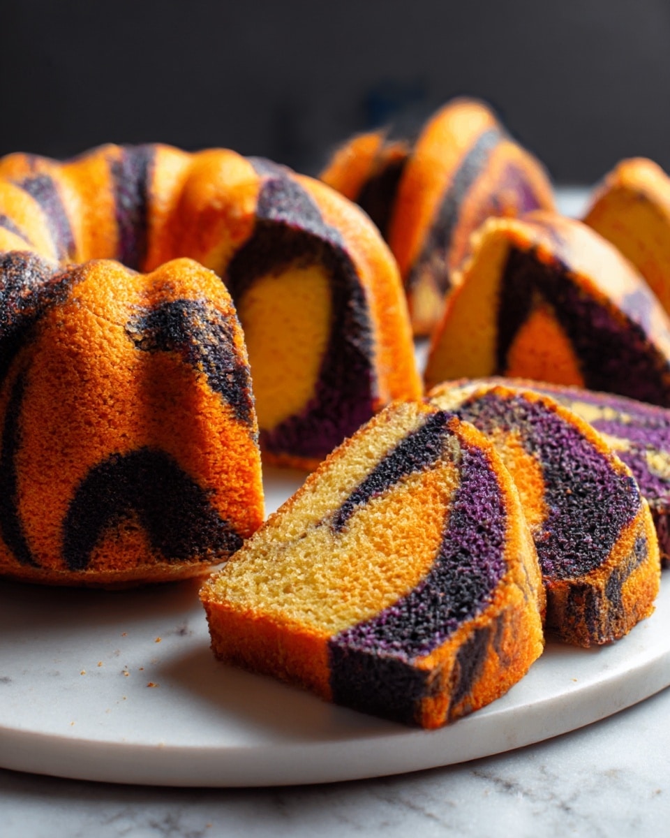 The image shows a bundt cake with colorful orange, black, and purple swirls on its surface and inside. The cake has several thick layers merging together to create a vibrant marbled pattern. One slice is cut and lies in front of the rest of the cake, showing the same swirling colors inside. The cake sits on a dark cake plate, and the background has blurred shapes and colors, all placed on a white marbled surface. photo taken with an iphone --ar 4:5 --v 7