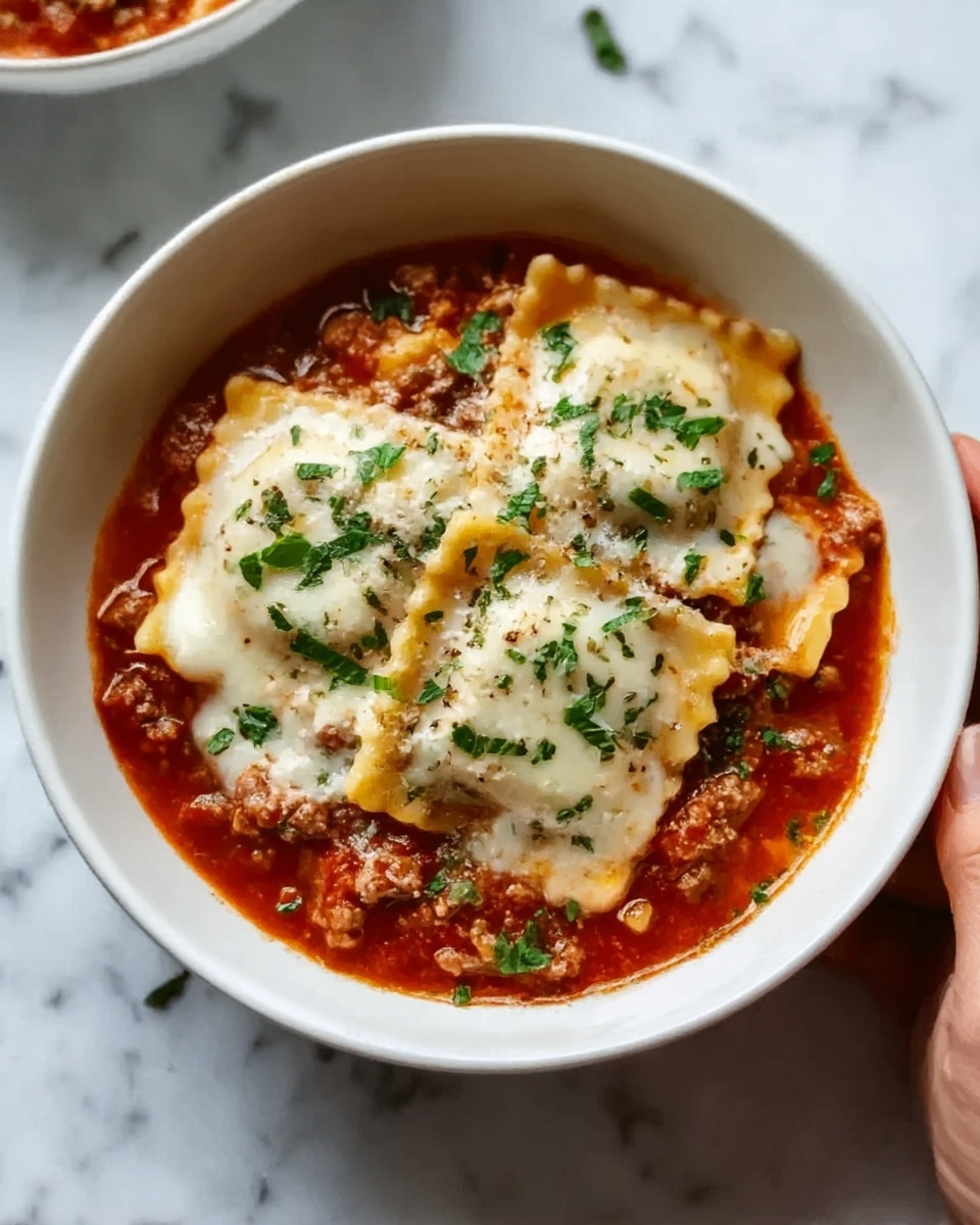The image shows a white bowl filled with lasagna soup, layered distinctly with a rich red tomato broth at the bottom. On top of the broth sits a thick layer of ground meat mixed with green peas, giving a textured, savory middle layer. The uppermost layer is a large melted cheese ravioli, creamy white in color, sprinkled with chopped green herbs and black pepper. The bowl is placed on a white marbled surface with a hint of fresh spinach in the background. photo taken with an iphone --ar 4:5 --v 7