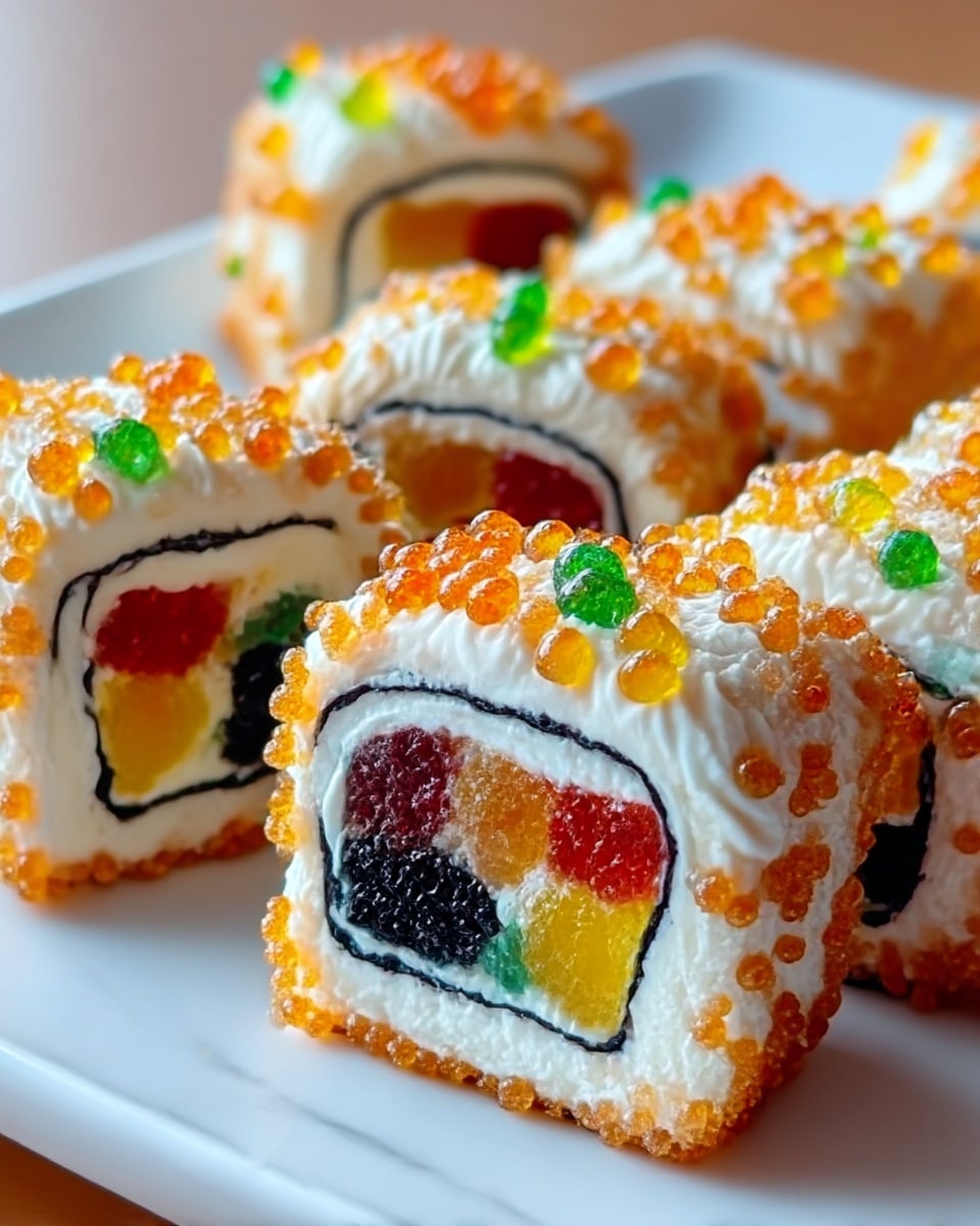 The image shows several pieces of sushi-like rolls arranged closely on a white plate, each piece featuring three visible layers. The innermost layer is a mix of colorful jelly-like fillings in red, yellow, green, and black, which are surrounded by a creamy white layer resembling frosting or cream. This middle white layer is encased by a thin black ring that mimics seaweed. The outermost layer has a white cream texture covered with small round golden and orange crunchy beads, evenly scattered and some embedded with small colorful green and yellow jelly dots. The surface beneath the plate is a white marbled texture. photo taken with an iphone --ar 4:5 --v 7