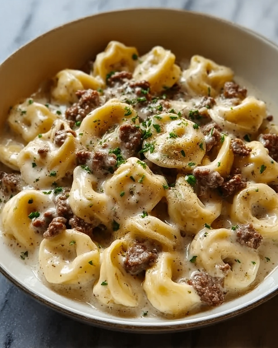 A close-up view of a black bowl filled with creamy tortellini pasta topped with ground beef and sprinkled with small green herb pieces. The tortellini are pale yellow with a smooth texture, showing a slight shine from the creamy sauce around and underneath. The ground beef pieces are dark brown and scattered evenly over the pasta. The bowl sits on a white marbled surface, creating a clean and bright background. photo taken with an iphone --ar 4:5 --v 7