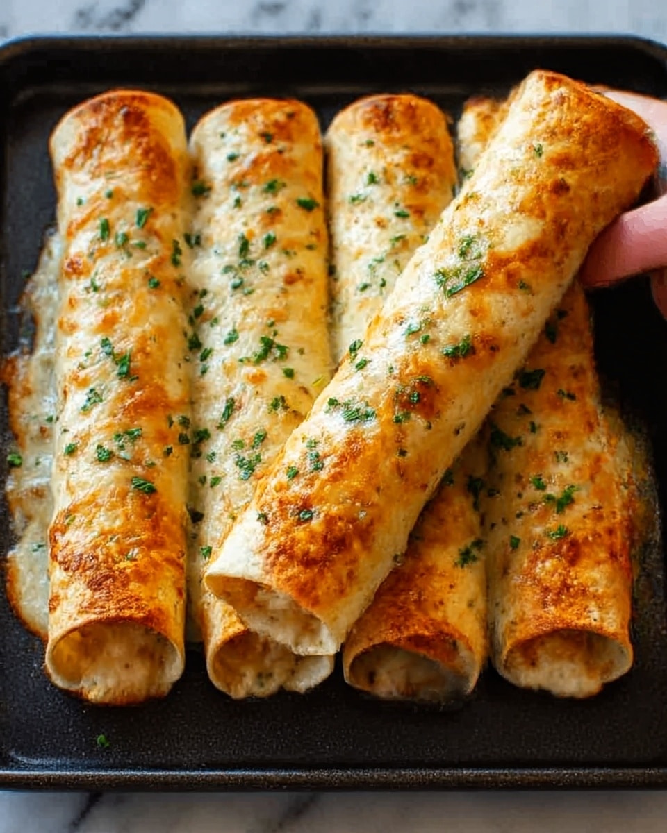 A close-up of five rolled enchiladas placed side by side on a black baking tray. Each enchilada has a light golden-brown baked layer on top with slightly bubbly melted cheese and some melted bits that add texture. Small green herb pieces are sprinkled evenly over the top, adding a pop of color against the creamy cheese. The edges of each enchilada are soft and smooth while the ends show a creamy filling inside with small bits of meat or vegetables visible. The tray sits on a white marbled surface, giving a clean and bright background. photo taken with an iphone --ar 4:5 --v 7