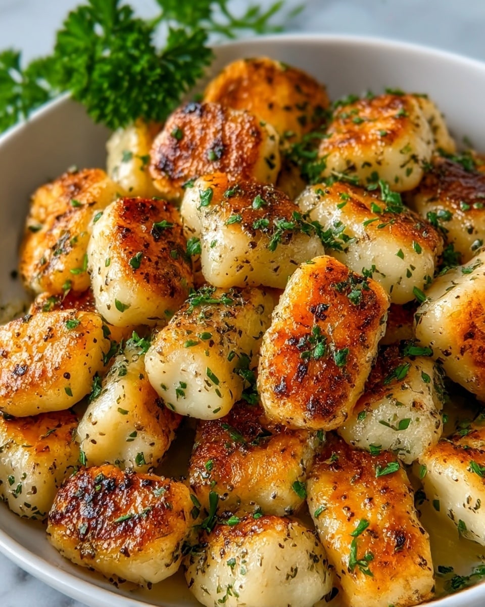 The dish shows many small, golden-brown pieces of cooked chicken with a slight crispy texture. Each piece has a mix of warm brown and light cream colors, speckled with black pepper and green herbs like chives. The chicken pieces are layered closely together in a shallow white plate. In the background, there is a blurred green garnish. The whole scene sits on a white marbled surface. photo taken with an iphone --ar 4:5 --v 7