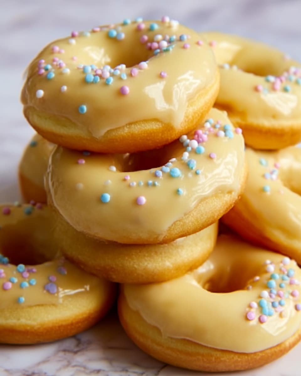 A pile of five donuts sits on a white marbled surface, each donut covered with smooth, pale yellow icing that has a glossy texture. Tiny round sprinkles in pastel colors like blue, purple, pink, and white are scattered evenly on top of the icing. The donuts are golden brown and soft looking, with one donut stacked slightly on top of the others, showing the layers clearly. The image focuses closely on the donuts, highlighting the texture of both the icing and the dough. Photo taken with an iphone --ar 4:5 --v 7