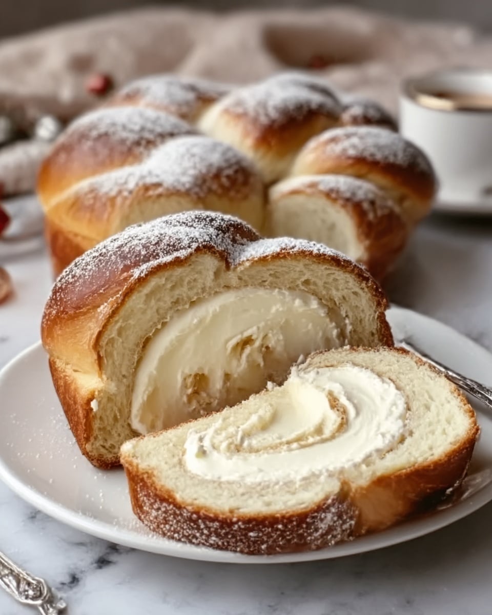 The image shows a sliced twisted bread roll with a golden brown crust dusted with powdered sugar, revealing two bright white creamy rolls layered inside. The bread has a soft, fluffy texture with a twisted top crust that shines slightly. The roll is placed on a white ornate plate, set on a white marbled surface. The background hints at soft holiday decorations with blurred shapes in light colors. Photo taken with an iphone --ar 4:5 --v 7