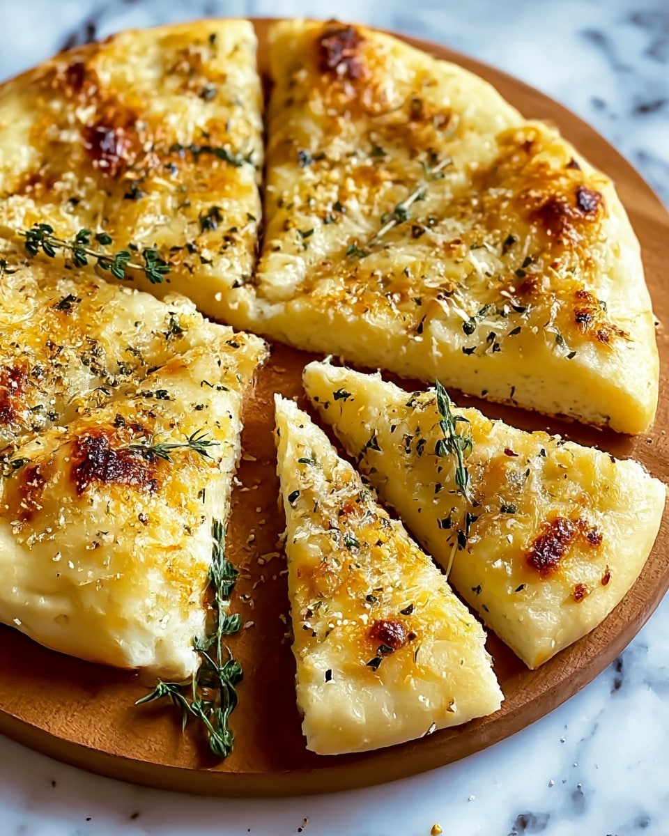 A round focaccia bread cut into eight slices sits on a wooden board on a white marbled surface. The bread has one thick, pale golden crust layer with a soft, airy texture inside. On top, there is a layer of melted cheese, bubbling and browned in spots, with a crumbly texture sprinkled all over. Green sprigs of fresh thyme lay diagonally across the focaccia, adding contrast to the golden tones. Small bits of black and white seasoning are scattered on the surface along with a slight oily shine. Photo taken with an iphone --ar 4:5 --v 7