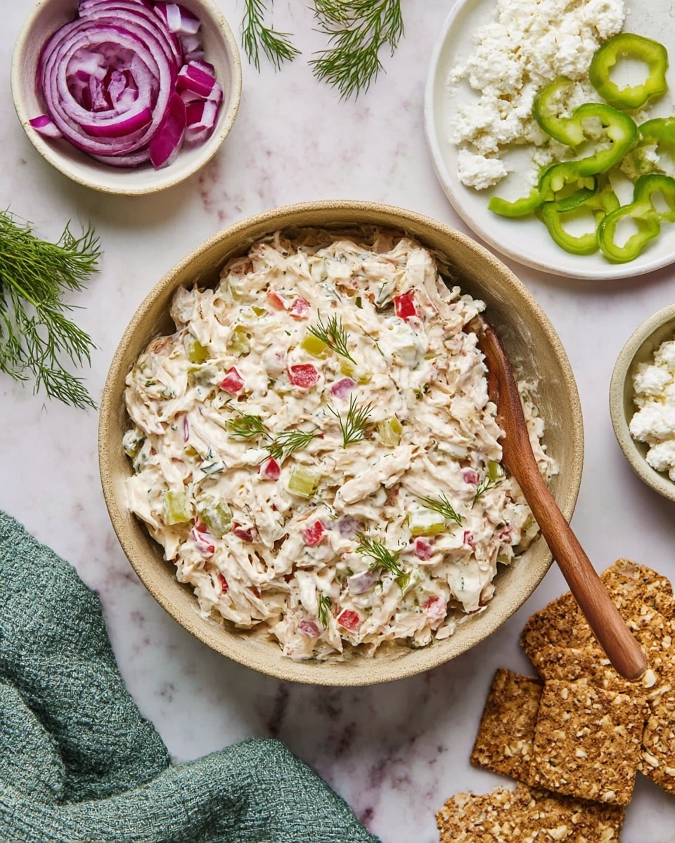 A bowl filled with a creamy chicken salad showing layers of shredded white chicken, small red, green, and yellow vegetable pieces, and fresh dill on top, all mixed in a light white dressing. The bowl is light beige with a rustic texture and contains a long wooden spoon inside. Surrounding the bowl are small white bowls with chopped red onions and sliced green peppers, a beige plate with white crumbled cheese, and some crispbrown crackers on a white marbled surface. There are also scattered dill leaves and a green textured cloth near the bowl. photo taken with an iphone --ar 4:5 --v 7