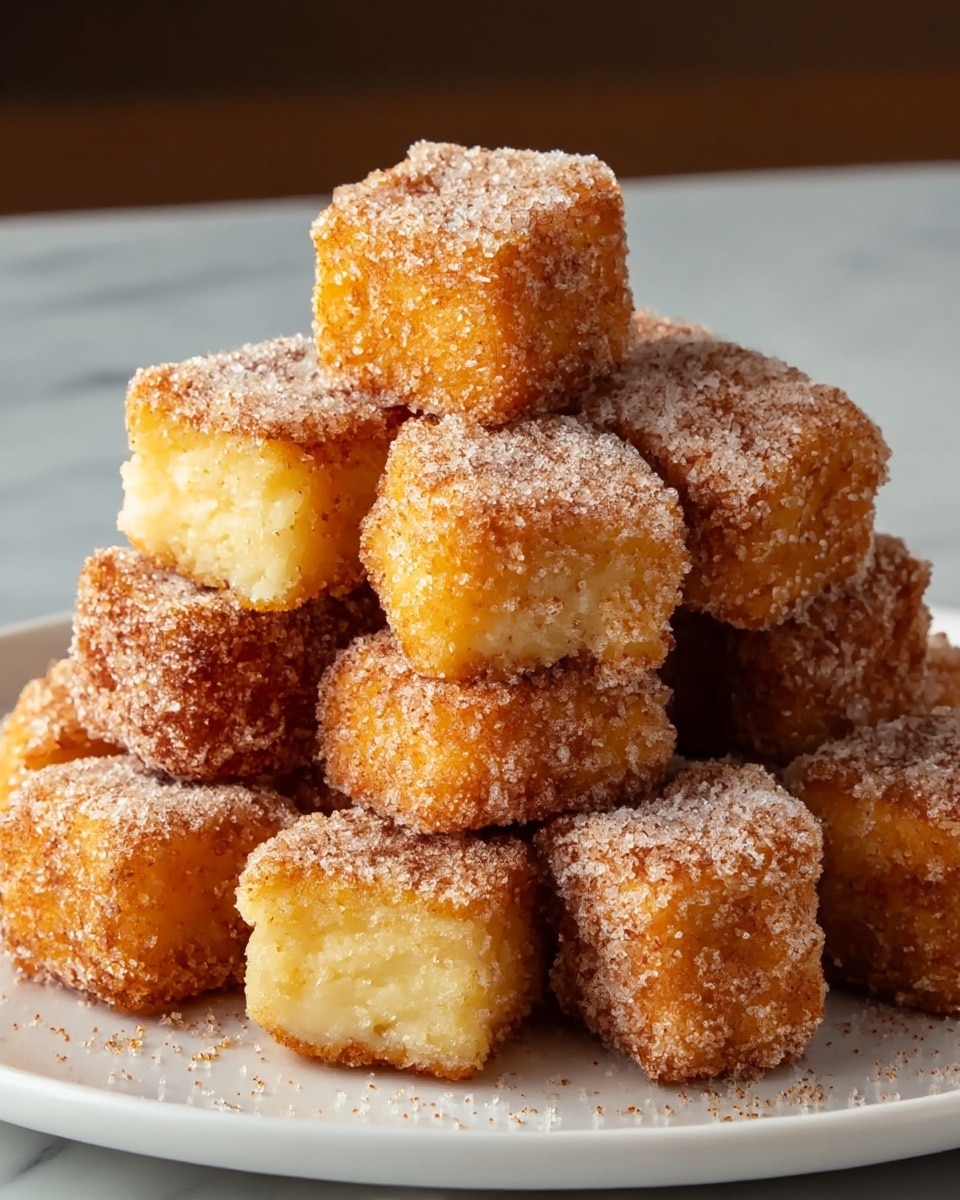 A white plate holds a pile of small cubed fried dough pieces, about three layers high, each piece showing a golden brown crispy exterior coated thickly with granulated sugar and cinnamon, giving a sparkling, textured look. The cubes are a mix of light golden and deep brown tones, with the sugar crystals catching the light, making the surface look crunchy and sweet. The background is a soft white marbled texture with warm tones in the back, adding contrast to the crispy fried cubes. photo taken with an iphone --ar 4:5 --v 7