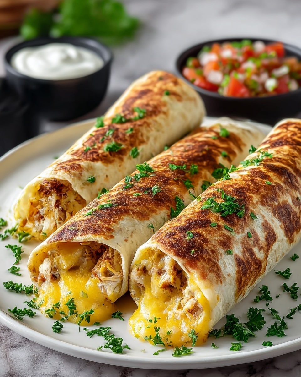 Three grilled burritos are placed side by side on a white plate on a white marbled texture surface. Each burrito has a lightly charred, golden-brown tortilla wrapped around melted cheese and seasoned shredded chicken visible at the open ends. Fresh green parsley pieces are sprinkled over the burritos and plate, adding a pop of color. In the background, two small black bowls hold sour cream and chunky red salsa with green herbs. The overall look is warm and appetizing with a mix of crispy and creamy textures. Photo taken with an iphone --ar 4:5 --v 7
