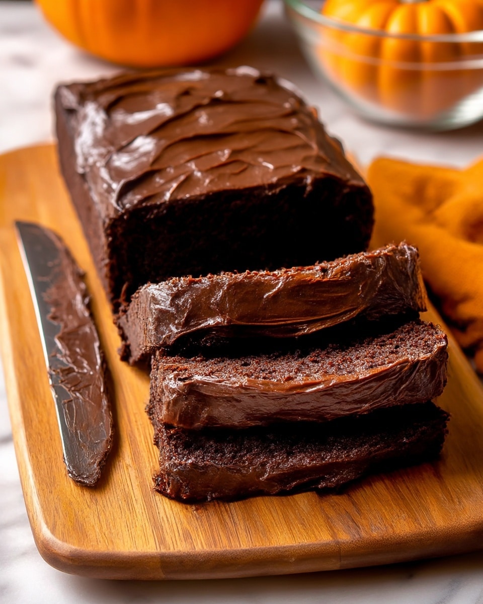 A thick chocolate loaf cake with three slices cut at the front, each slice has a smooth, rich layer of dark chocolate frosting on top, thick and creamy with slight glossy swirls; the loaf itself is deep brown and dense in texture. The cake sits on a round wooden board, and a spreader with some chocolate frosting rests to the side. In the background, there is a small orange pumpkin. The photo is taken from a close angle focusing on the cake layers and creamy frosting, with a white marbled texture underneath the board. photo taken with an iphone --ar 4:5 --v 7