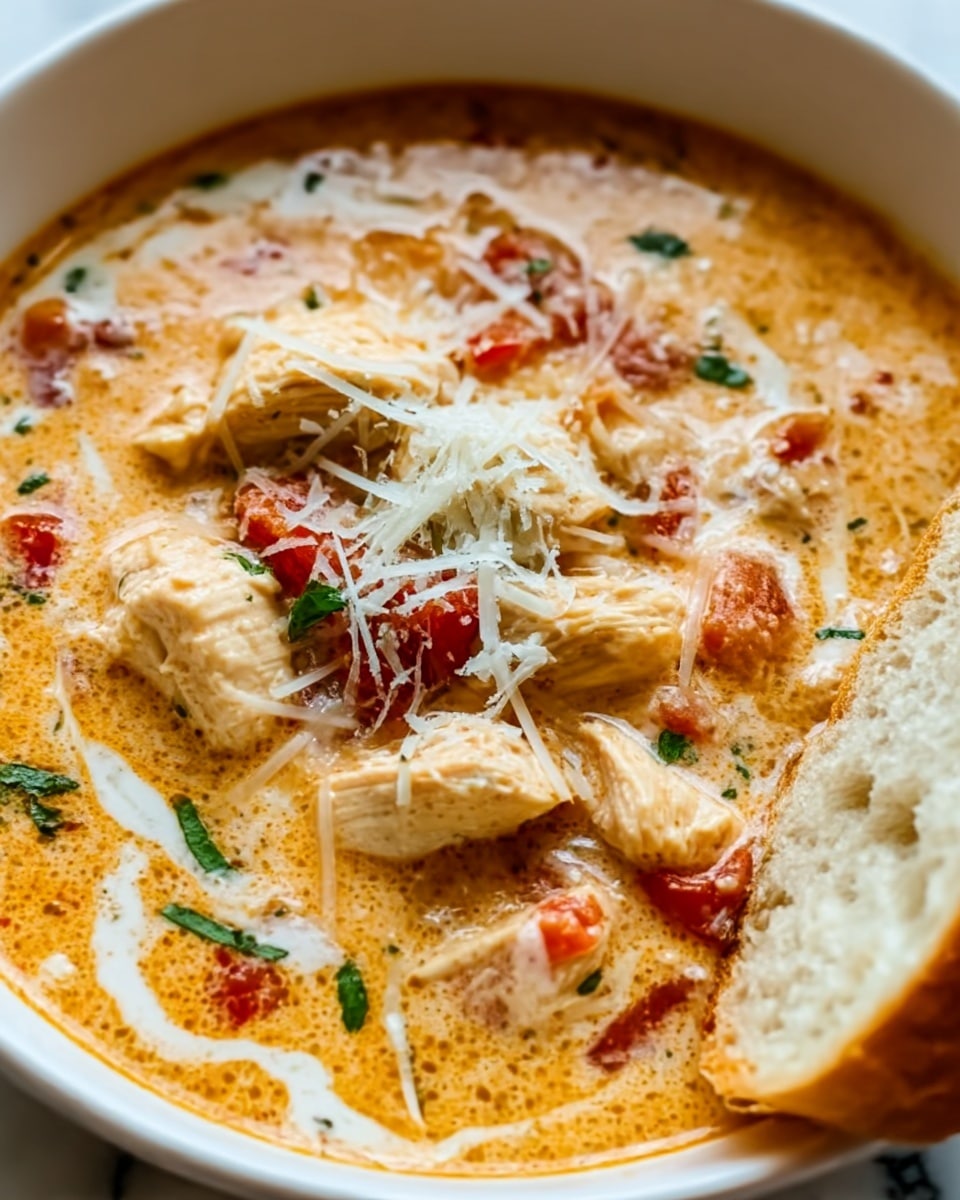 A close-up view of a creamy soup served in a white bowl, showing chunks of tender, white chicken pieces floating on the surface. The soup has a rich orange color with swirls of white cream, small bits of red tomato or pepper, and some green herbs sprinkled on top. There is a thin layer of grated cheese scattered evenly over the stew. On the right side, a piece of crusty bread rests gently against the bowl’s edge. The background is a white marbled surface. Photo taken with an iphone --ar 4:5 --v 7