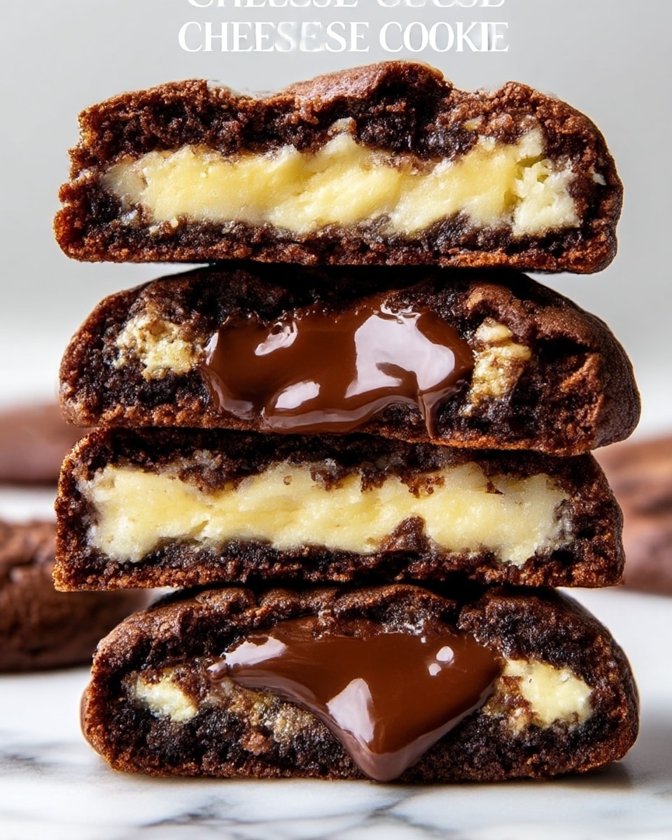 The image shows a close-up of three thick cheesecake cookies stacked on top of each other. Each cookie has a dark brown, slightly cracked outer layer with a soft texture. Inside, there is a creamy yellow cheesecake layer mixed with smooth melted dark chocolate chunks in the center. The rich chocolate contrasts with the light cheesecake filling, creating a marbled effect inside the cookies. The background and surface are a white marbled texture. Photo taken with an iphone --ar 4:5 --v 7