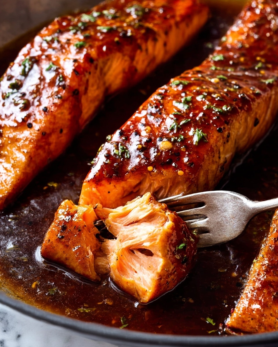 The image shows three thick salmon fillets cooked in a dark shiny sauce inside a black pan. Each fillet has a rich orange-brown color with a glazed texture, speckled with small black pepper flakes and tiny green herb bits scattered on top. The fillet in the center is being gently flaked with a silver fork, revealing soft, moist, and pale pink layers of cooked fish inside. The sauce pools around the salmon pieces, reflecting light and adding a glossy finish to the dish. The black pan contrasts with the vibrant colors of the salmon and sauce, placed on a surface with a white marbled texture. photo taken with an iphone --ar 4:5 --v 7