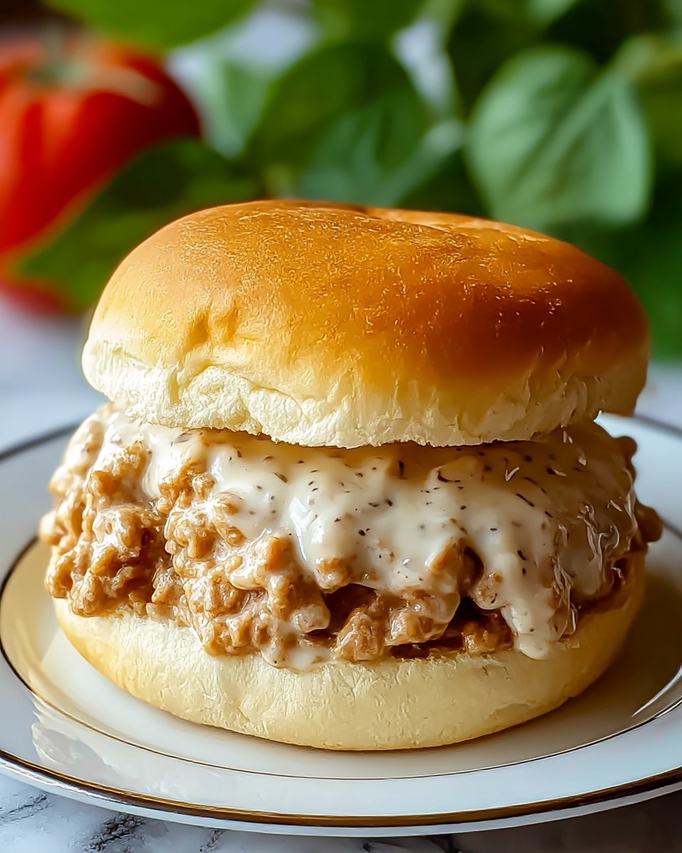 A close-up view of a sandwich with two soft, golden brown buns on the top and bottom. Between the buns is a thick, creamy layer of ground meat mixed with white gravy, which looks smooth and slightly chunky. The sandwich sits on a white plate with a thin, dark rim, placed on a white marbled surface. In the blurred background, there are hints of green leaves and a red tomato. photo taken with an iphone --ar 4:5 --v 7