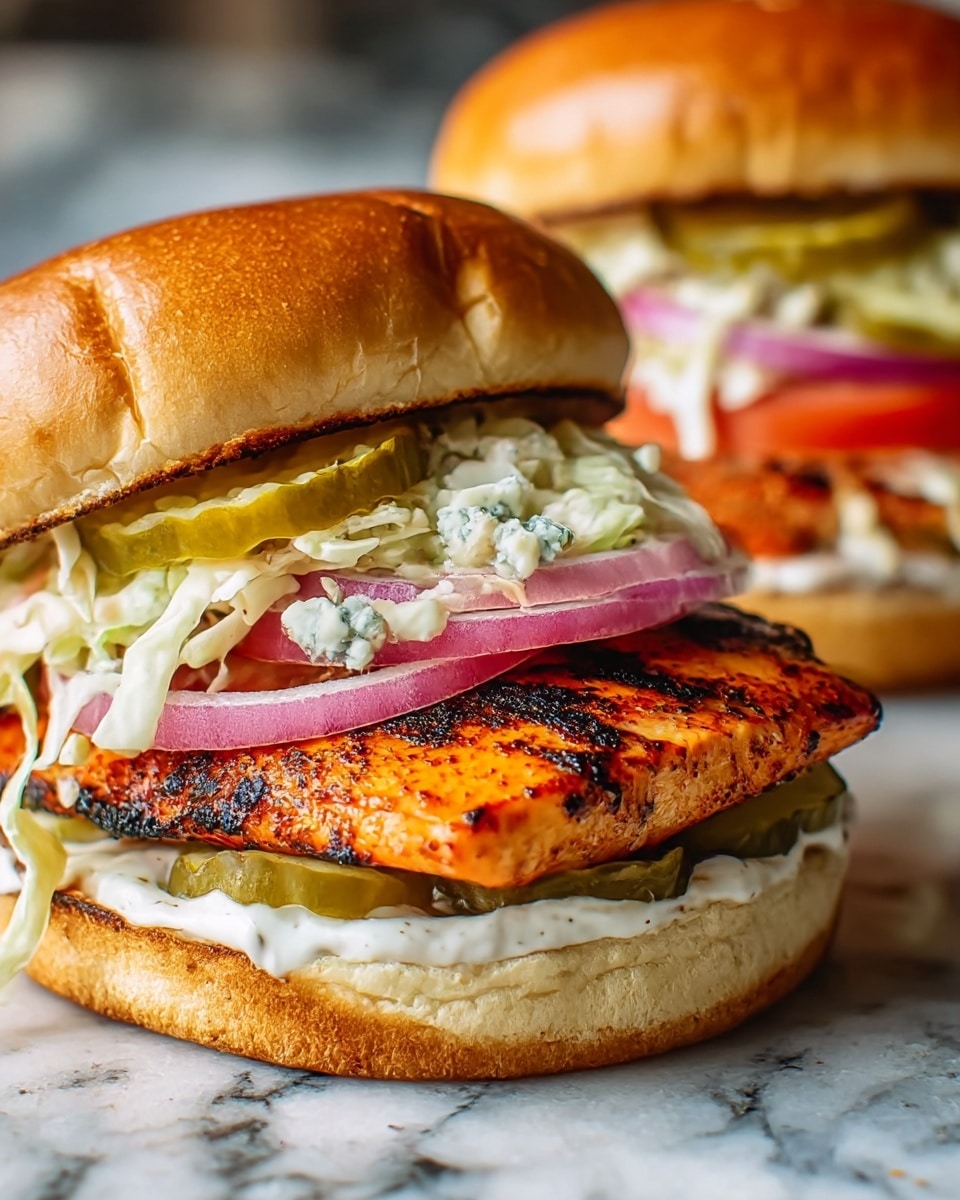The image shows a close-up of a grilled chicken sandwich with three visible layers. The bottom layer is a toasted bun spread with creamy white sauce, followed by a thick piece of grilled chicken with a charred, orange-brown surface. On top of the chicken, there is a layer of creamy coleslaw with a mix of white and light green shredded cabbage and dressing. Above the coleslaw, thin slices of red onions, bright red tomatoes, and green pickles add color. The sandwich is finished with a shiny, golden-brown toasted bun on top. The sandwich sits on a white marbled surface, with another similar sandwich slightly blurred in the background. photo taken with an iphone --ar 4:5 --v 7