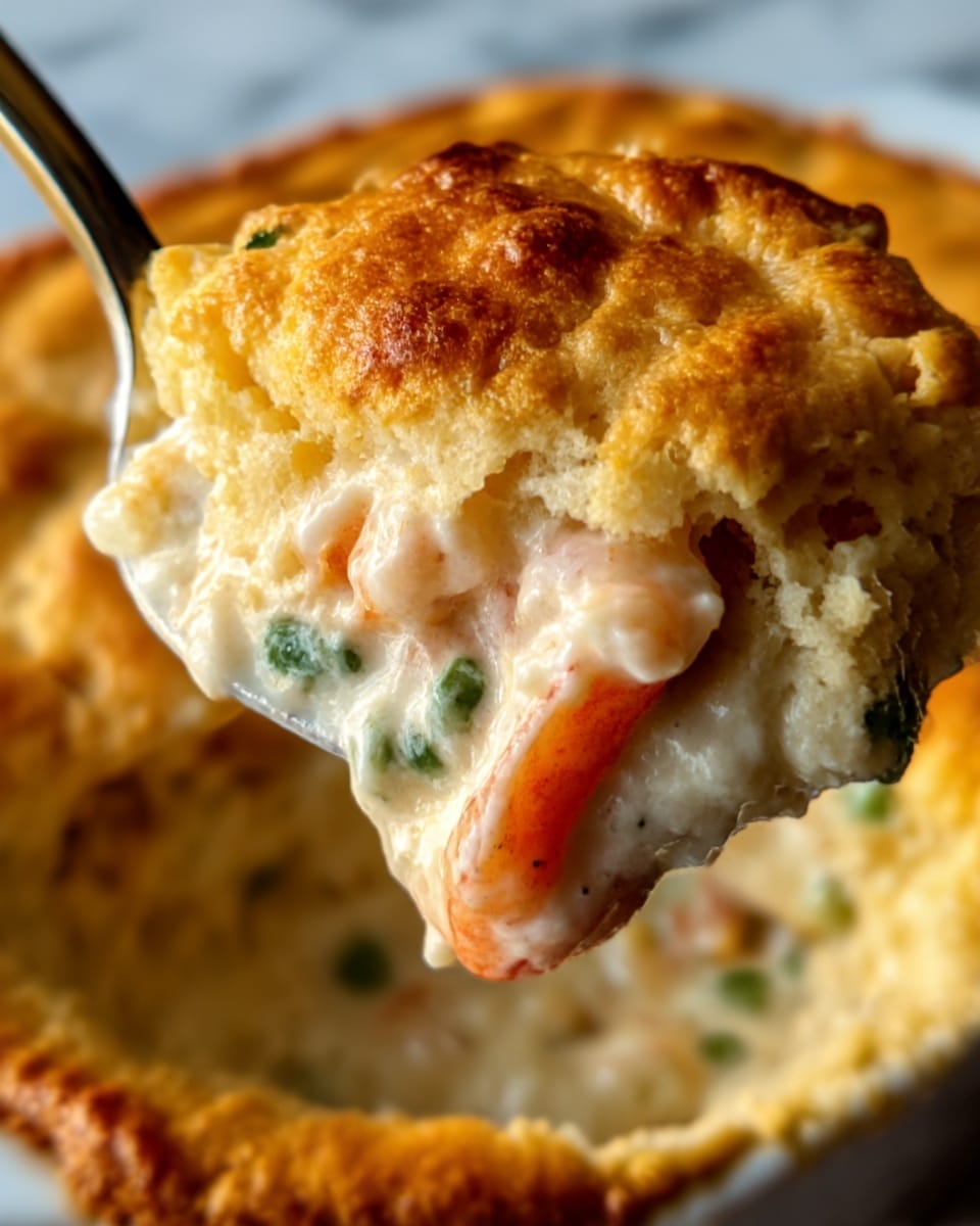 The image shows a close-up of a large, golden-brown baked dish with a fluffy, slightly crispy top layer that looks like pastry or biscuit dough. Underneath the top crust, there is a creamy, thick white sauce mixed with pieces of pink shrimp and small green herbs, giving a rich and smooth texture. A spoon holds up a scoop of the dish, showing the soft inside layers of creamy sauce, shrimp, and herbs beneath the golden crust. The background is a white marbled surface, and a woman’s hand holds the spoon near the edge. Photo taken with an iphone --ar 4:5 --v 7