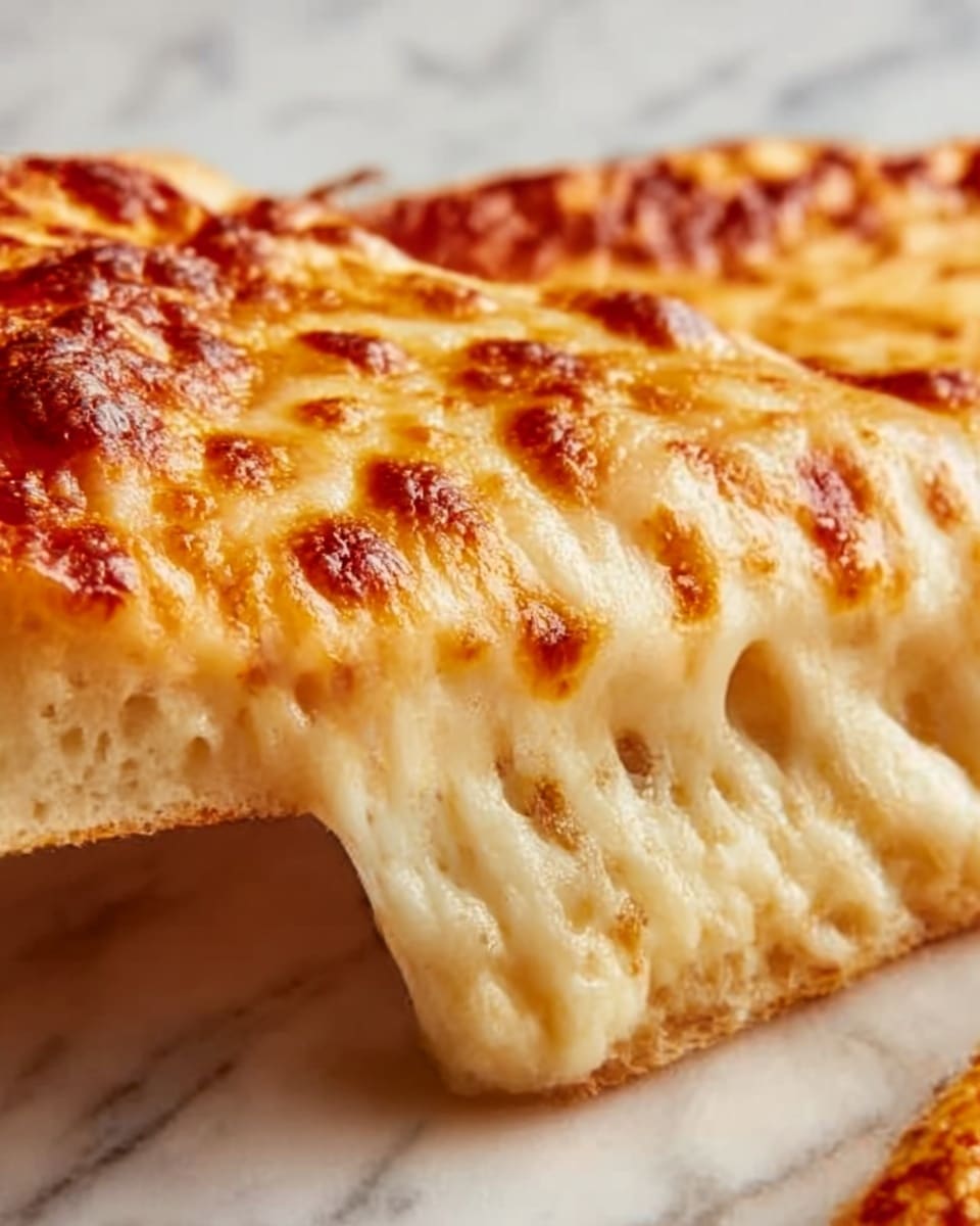 The image shows a close-up of a slice of cheese pizza with two visible layers. The bottom layer is a golden-brown crust that looks soft and slightly thick. On top of the crust is a thick layer of melted cheese, golden and bubbly with some browned spots, giving a gooey and stretchy texture. The cheese layer covers the entire slice evenly, stretching slightly as the slice is pulled away from the whole pizza. The background is a white marbled texture. photo taken with an iphone --ar 4:5 --v 7