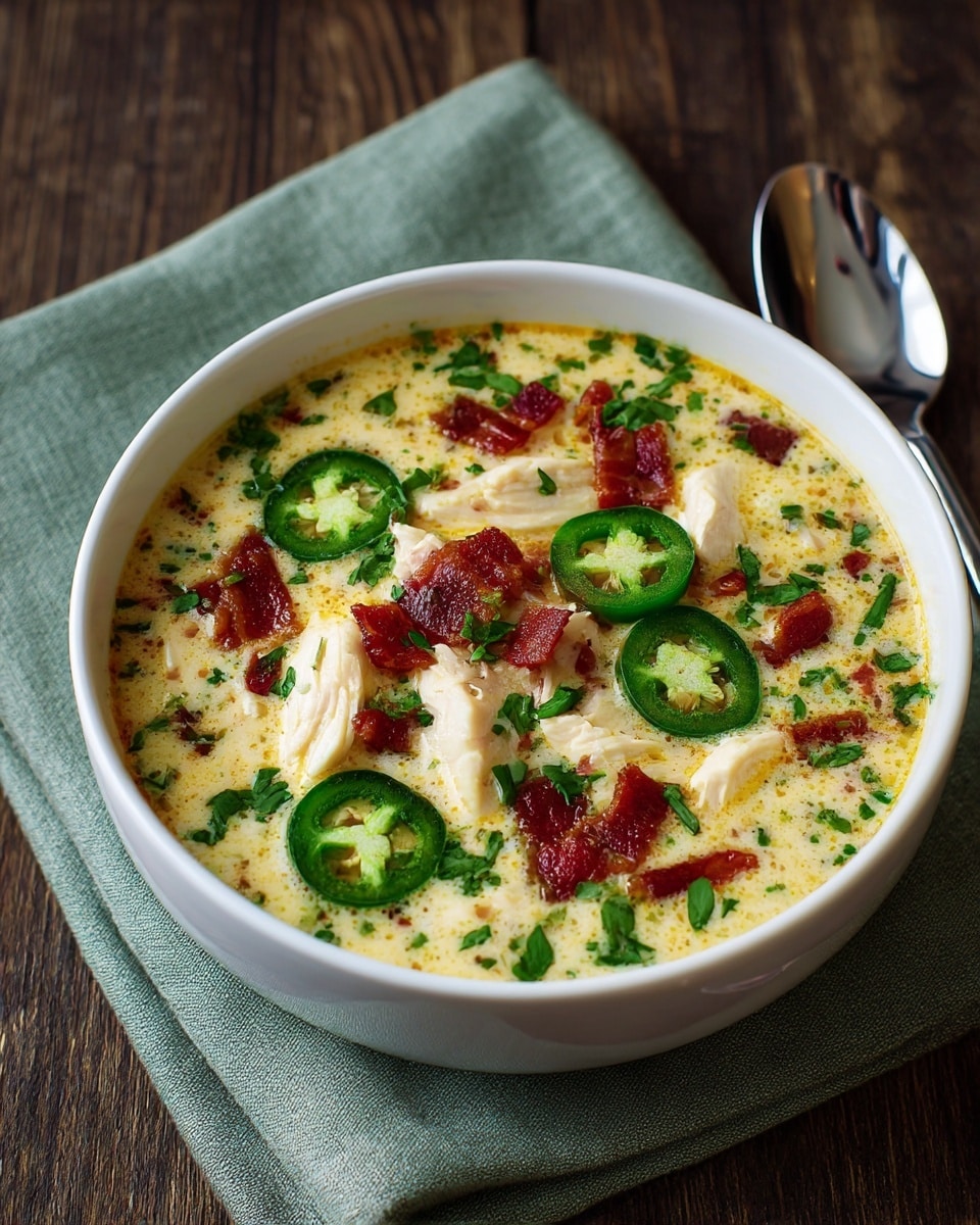 A white bowl filled with creamy yellow soup that has soft chunks of white chicken meat visible throughout. The top layer is decorated with bright green sliced jalapeños, small pieces of crispy reddish-brown bacon, and chopped green herbs scattered evenly. The soup surface shows small drops of reddish oil and a sprinkle of black pepper. The bowl is placed on a grayish-green textured cloth, and there is a silver spoon resting next to the bowl on a white marbled texture. Photo taken with an iphone --ar 4:5 --v 7