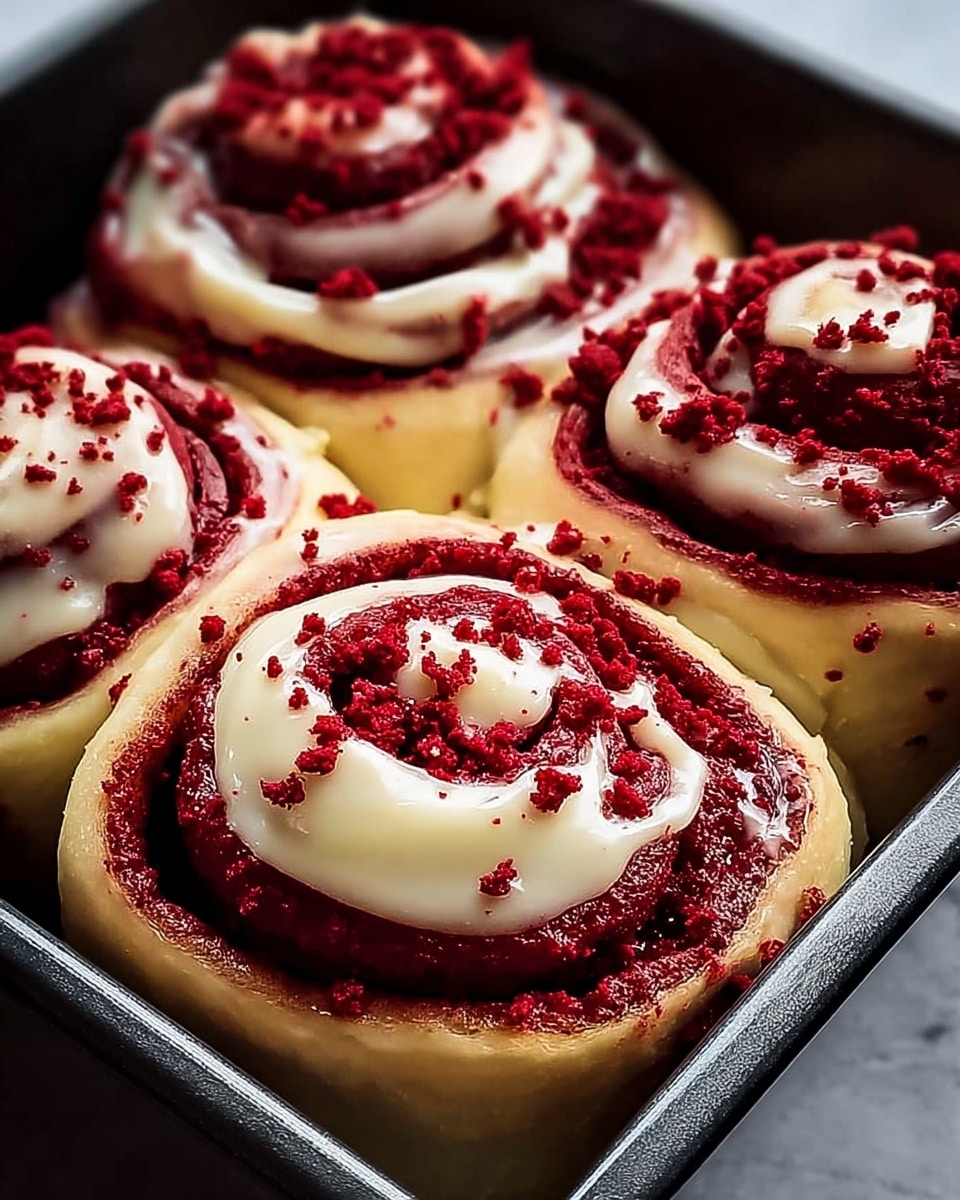 Four red velvet cinnamon rolls sit close together in a dark baking pan, each made of three visible layers: a soft, light beige dough base, a deep red velvety spiral middle, and a creamy white frosting drizzled on top that slightly melts over the edges. Bright red crumbs are sprinkled evenly across the frosting, adding texture and color contrast. The rolls have a glossy, moist look, and the background is a white marbled texture. photo taken with an iphone --ar 4:5 --v 7