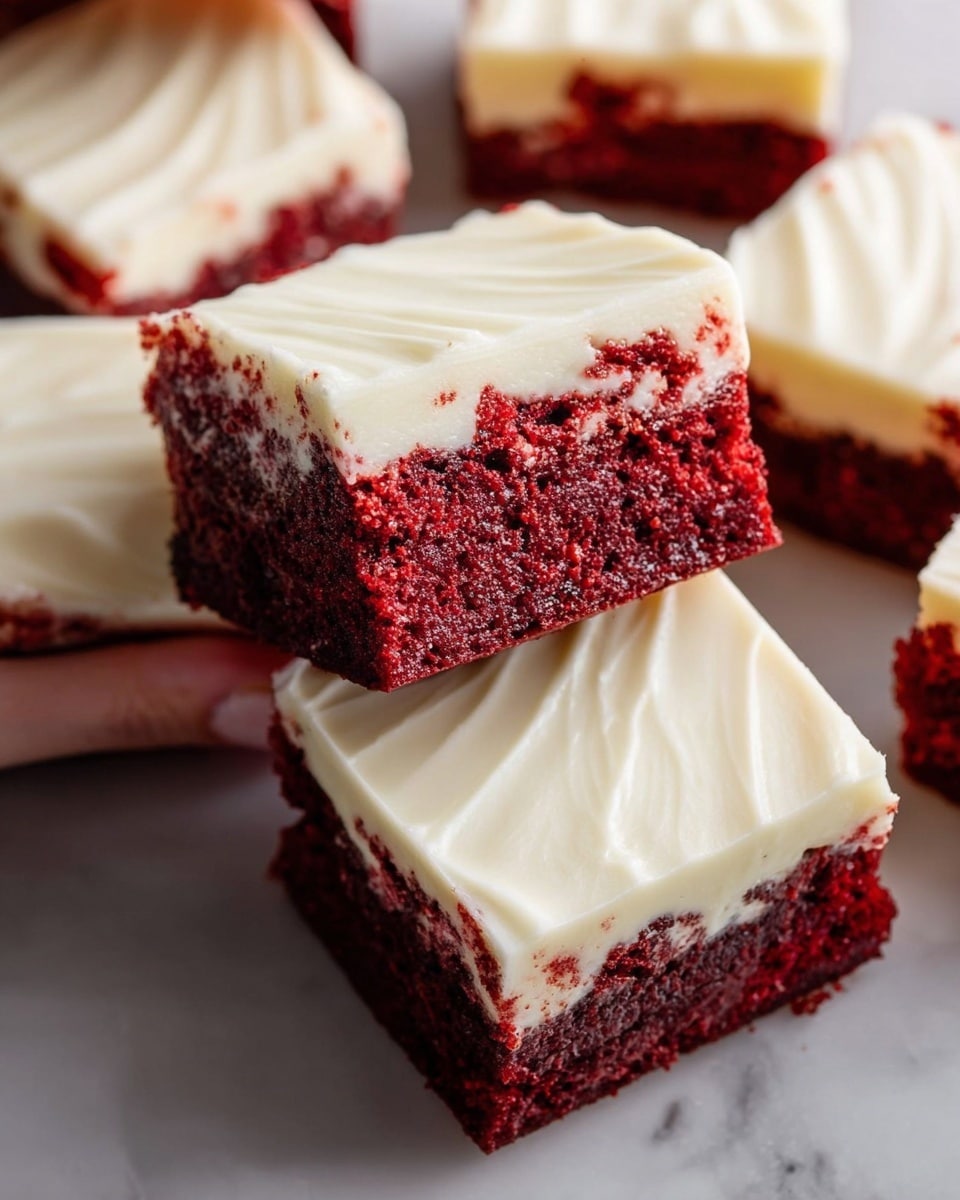The image shows several square pieces of red velvet cake with two visible layers; the bottom layer is a deep red moist cake with a slightly crumbly texture, and the top layer is a thick, smooth cream cheese frosting in white with subtle swirl patterns on the surface. The pieces are placed closely together on a white marbled texture, highlighting the contrast between the rich red and creamy white layers. One piece is held gently by a woman's hand, slightly lifted above the others, showing the thickness and texture of both layers clearly. Photo taken with an iphone --ar 4:5 --v 7