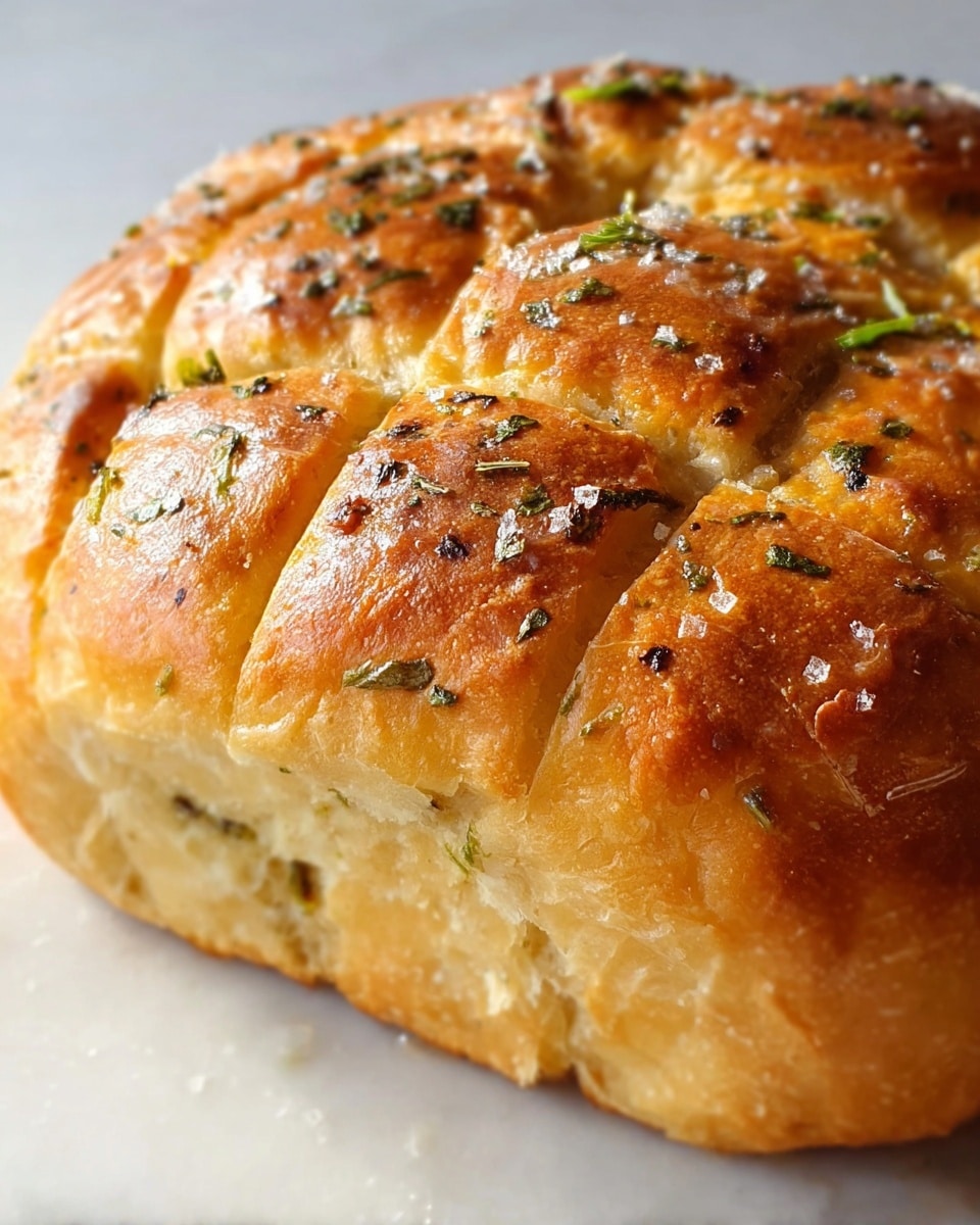 A close-up view of a round bread loaf with a golden-brown top layer that is soft and slightly shiny, showing a light, fluffy texture underneath. The bread surface is divided into square sections by shallow cuts, decorated with scattered dried herbs and coarse salt crystals. Small green bits, likely herbs or garlic pieces, are visible on the surface and slightly inside the bread. The bread is placed on a white marbled surface. photo taken with an iphone --ar 4:5 --v 7