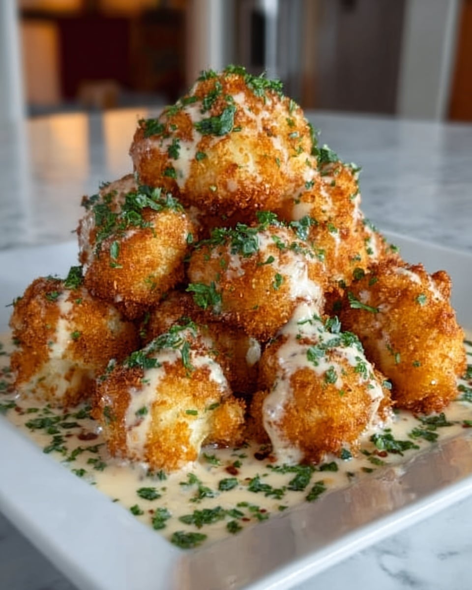The image shows a white square plate piled high with crispy golden-brown cauliflower pieces. Each piece is well-coated with a creamy white sauce that drips down in thick layers, pooling slightly at the bottom. Finely chopped green herbs are sprinkled evenly over the cauliflower and sauce, adding a fresh contrast to the rich colors. The plate sits on a white marbled surface, enhancing the colors of the food. Photo taken with an iphone --ar 4:5 --v 7