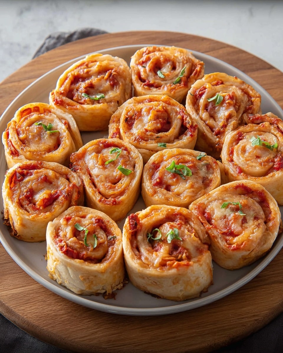 The image shows a round white plate filled with eleven pizza rolls arranged closely in a circle with one in the center. Each roll has two visible layers: the outer light golden brown dough layer and an inner red tomato sauce layer with some bits of browned melted cheese. Small green herb leaves are scattered on top for garnish. The plate is placed on a wooden board over a white marbled surface. Photo taken with an iphone --ar 4:5 --v 7
