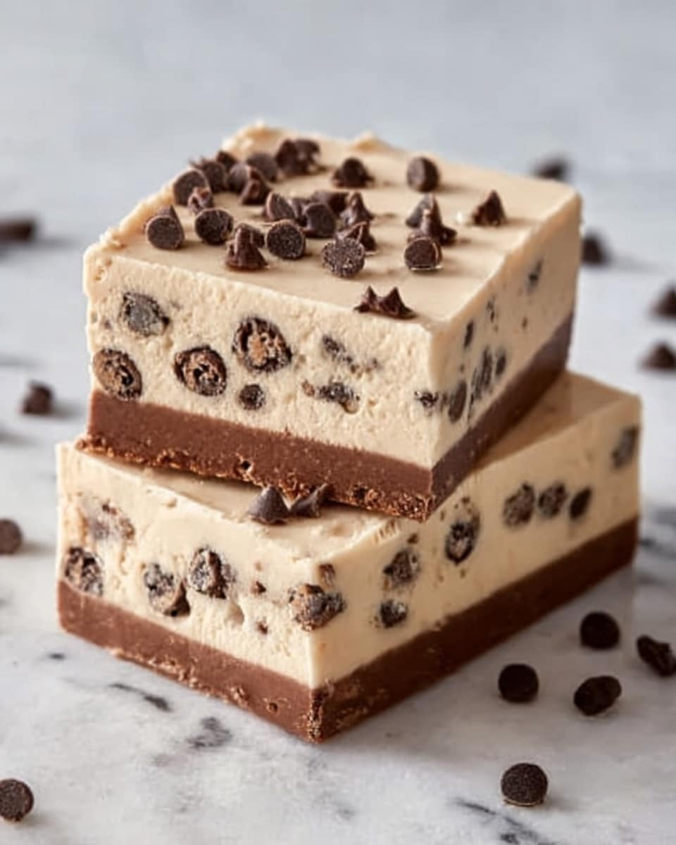 The image shows two pieces of a layered dessert bar stacked on a white marbled surface. Each piece has three distinct layers: the bottom layer is a dark chocolate crust, smooth and solid; the middle layer is a thick, creamy beige filling mixed with small dark chocolate chips evenly spread throughout; the top layer is a light beige frosting decorated with scattered dark chocolate chips on the surface. The texture of the filling looks soft and smooth, while the crust looks firm and slightly crumbly. Photo taken with an iphone --ar 4:5 --v 7
