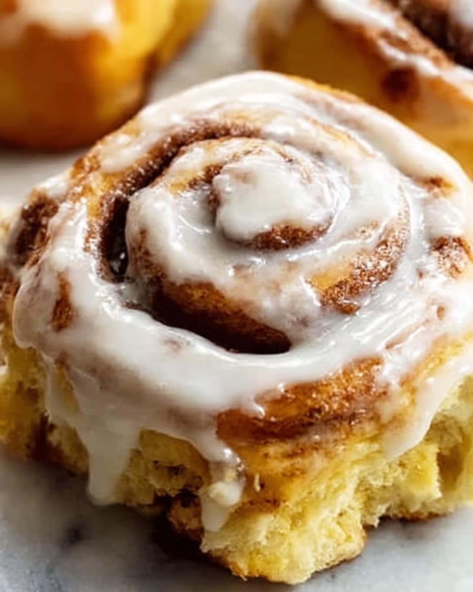 A close-up of a white cinnamon roll with a thick swirl showing golden brown layers of baked dough and cinnamon filling, topped with a shiny, smooth layer of white icing that slightly drips over the sides, giving a glossy texture. The cinnamon roll has a soft and fluffy look with a touch of cinnamon specks visible on the icing. The background is a white marbled surface. Photo taken with an iphone --ar 4:5 --v 7