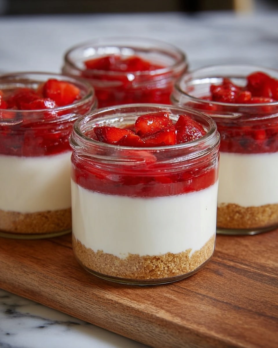 Three small clear glass jars are filled with a three-layer dessert placed on a wooden board over a white marbled surface. Each jar has a bottom layer of crumbly, light brown crust, a thick middle layer of smooth, creamy white filling, and a top layer of bright red sliced strawberries in a glossy red syrup. The jars are close together, showing the detailed textures of the crust and the shiny strawberry topping clearly. Photo taken with an iphone --ar 4:5 --v 7