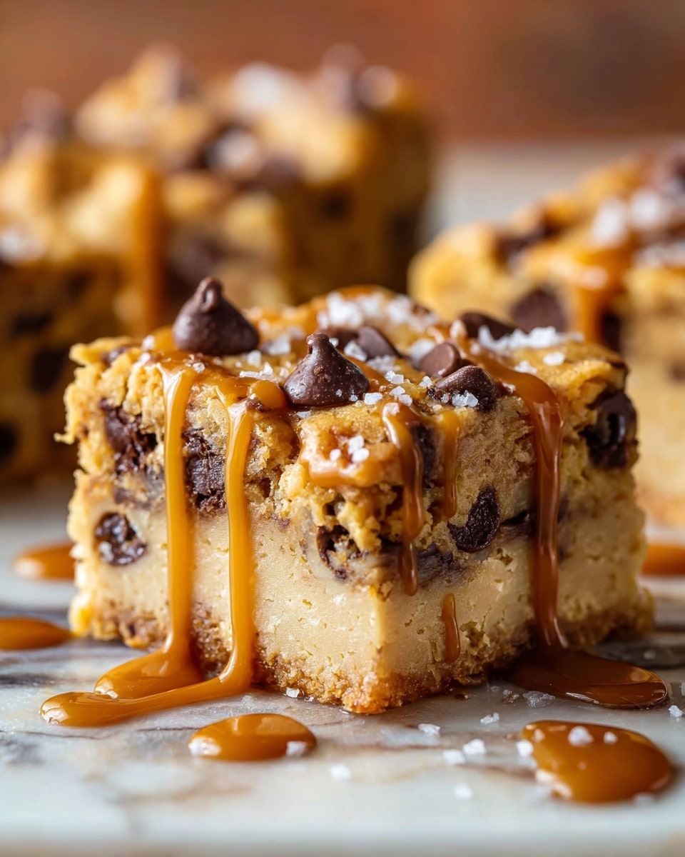 A close-up image of a thick square dessert bar with two visible layers: the bottom layer is a dense, light beige cookie dough mixed with chocolate chips, and the top layer is a thicker, golden cookie dough packed with chocolate chunks. The entire bar is drizzled generously with shiny caramel sauce that flows down the sides, pooling slightly at the base. A few salt crystals are sprinkled on top and around the bar on the white marbled surface, adding texture contrast. The background is softly blurred with warm tones, keeping focus tightly on the dessert bar. Photo taken with an iphone --ar 4:5 --v 7