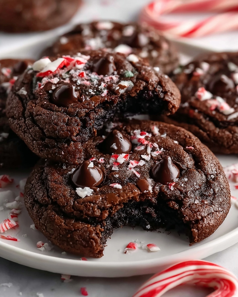 The image shows several thick, dark brown chocolate cookies with a cracked texture, stacked closely on a white marbled surface. The top cookie in the center has a bite taken out, revealing a moist and rich dark chocolate interior. Each cookie is dotted with shiny, melted chocolate chips and sprinkled with small pieces of crushed white and red peppermint candy. In the foreground, a whole red and white striped peppermint candy cane lies flat on the surface, adding a festive touch. photo taken with an iphone --ar 4:5 --v 7
