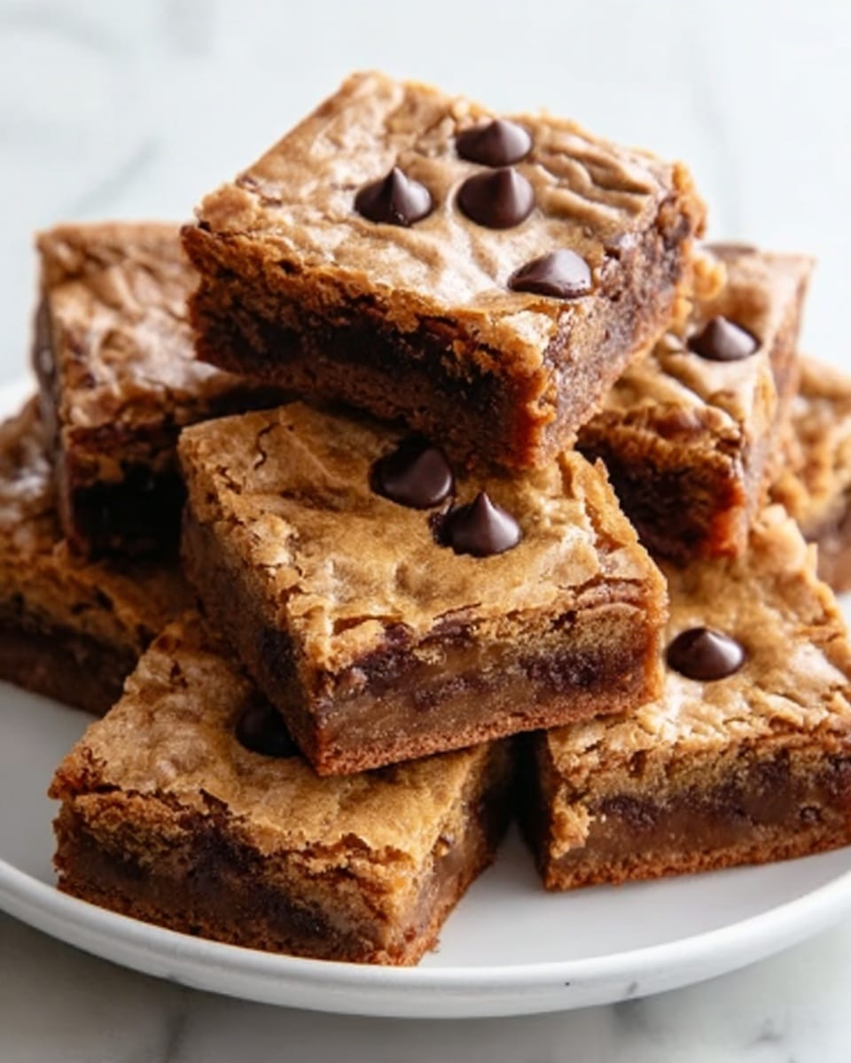 The image shows a white plate holding seven square pieces of chocolate chip blondies stacked in a slightly messy pile. Each blondie has a golden-brown, slightly crispy top with a shiny, cracked texture and is studded with several dark chocolate chips scattered across the surface. The blondies have a dense, moist middle layer visible along the edges, displaying a rich, chewy texture with some chocolate chips embedded inside. The plate is placed on a white marbled surface. photo taken with an iphone --ar 4:5 --v 7