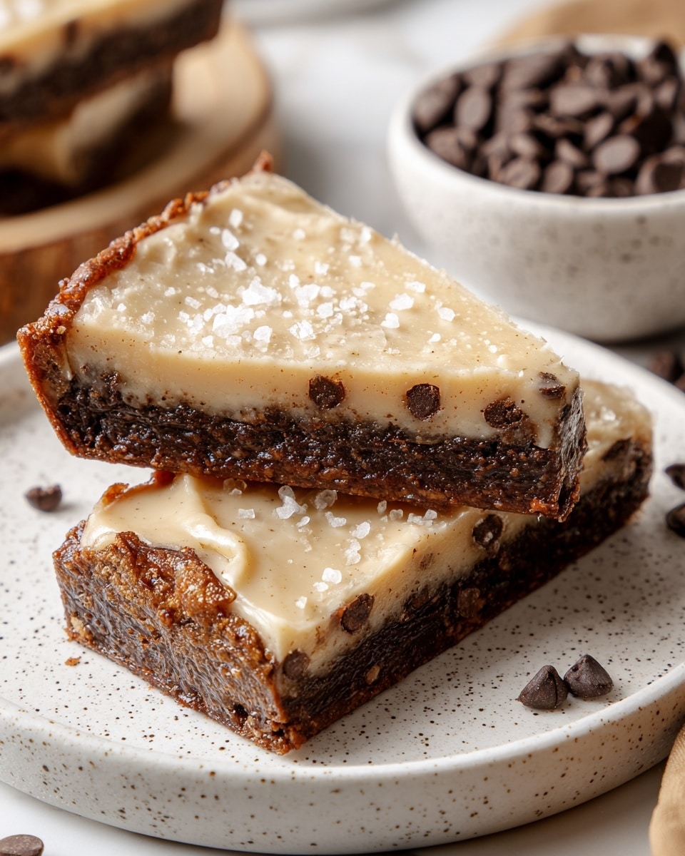 The image shows two triangular dessert bars stacked on a white speckled plate. Each bar has two clear layers: a dark brown bottom layer with visible chocolate chips embedded inside, and a thick, creamy beige layer on top that looks smooth and slightly glossy, sprinkled with coarse sea salt flakes. The edges of the bars are crisp and slightly darker, showing a baked texture. In the background, there is a white speckled bowl filled with chocolate chips and a white marbled surface underneath the plate and items. photo taken with an iphone --ar 4:5 --v 7