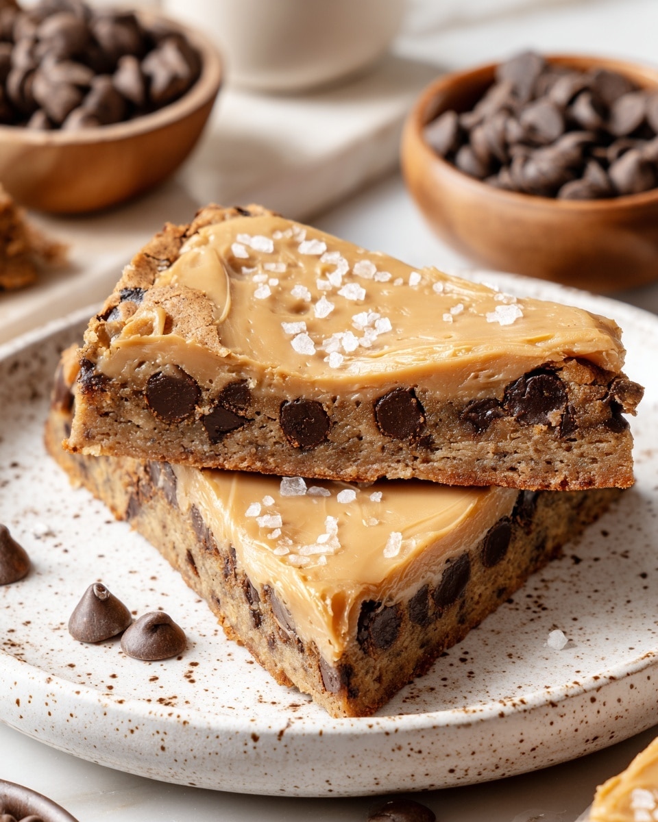 Two triangular brownie cookie bars are stacked on a white speckled plate, each bar showing two layers: a thick, dense, dark brown base studded with large chocolate chips, and a smooth, creamy light tan frosting layer sprinkled with flaky sea salt on top. The texture of the base looks slightly grainy with visible chocolate chips embedded, while the frosting appears glossy and rich. In the background, there are bowls filled with similar chocolate chips placed on a white marbled surface, and some loose chocolate chips are scattered around. Photo taken with an iphone --ar 4:5 --v 7