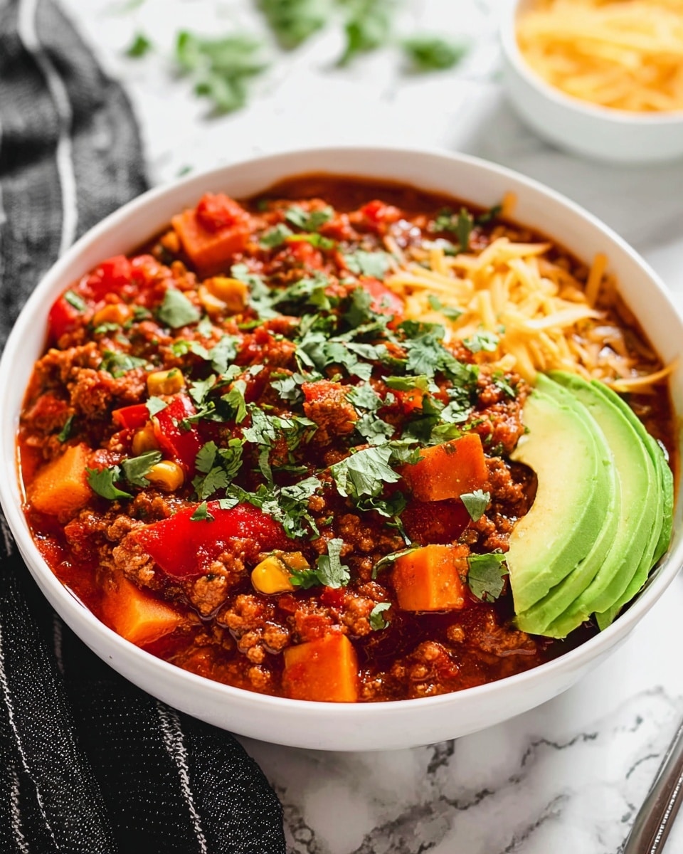 A white bowl filled with a thick chili that has three visible layers: the bottom layer is dark red chili with ground meat and diced vegetables like orange sweet potatoes and yellow corn, the middle layer is a fresh green cilantro garnish spread over the chili, and the top layer has thin yellow shredded cheese and several slices of green avocado arranged neatly on one side. The bowl sits on a white marbled surface with a black and white striped cloth nearby, and a small clear bowl of shredded cheese is blurred in the background. photo taken with an iphone --ar 4:5 --v 7
