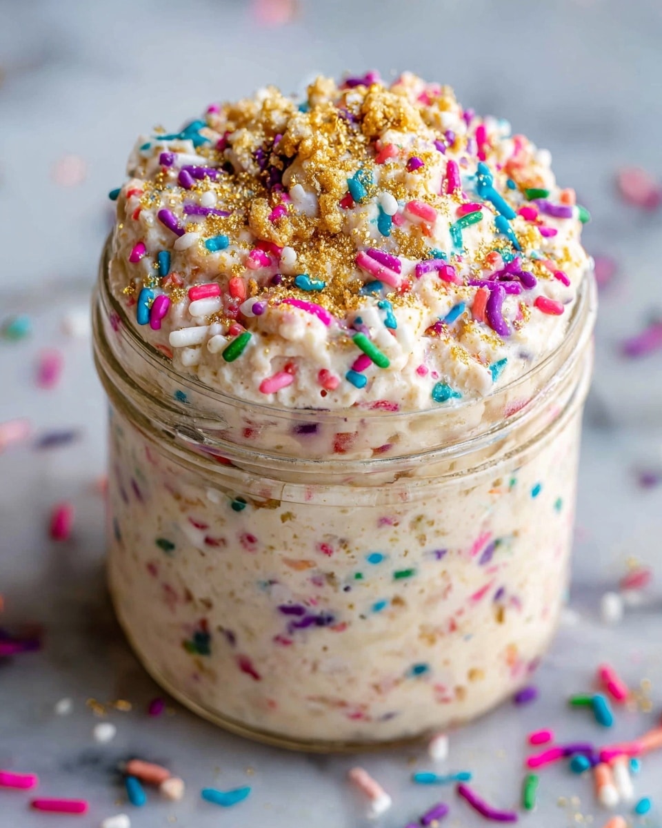 A small clear glass jar filled with a creamy light beige mixture that has colorful sprinkles mixed inside, giving the base layer a speckled look of pink, blue, green, and purple spots. The jar is topped with a thick mound of the same creamy mixture, densely covered with vibrant, multicolored sprinkles and a few golden crumbs on top, making the surface bright and textured. The jar sits on a white marbled surface, with a few scattered sprinkles around it. photo taken with an iphone --ar 4:5 --v 7