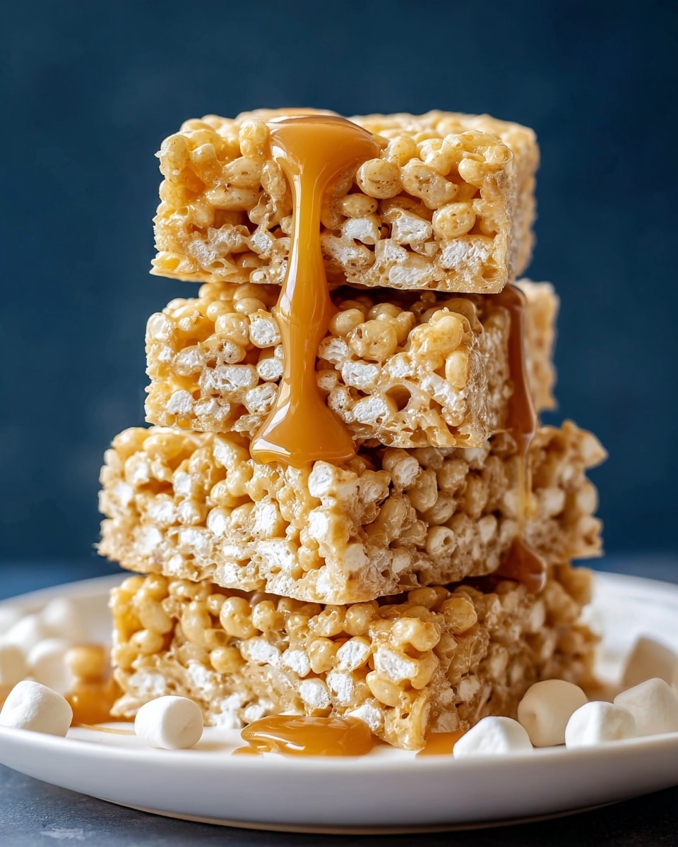There is a stack of four crispy rice treats with gooey caramel drizzled on the top and between the layers, all sitting on a white plate; the treats are light golden-brown with white puffed rice visible inside, and the caramel has a shiny smooth texture that contrasts with the crunchy rice; the background is dark, making the treats and white plate stand out clearly, and the white marbled surface is just barely visible at the bottom. photo taken with an iphone --ar 4:5 --v 7