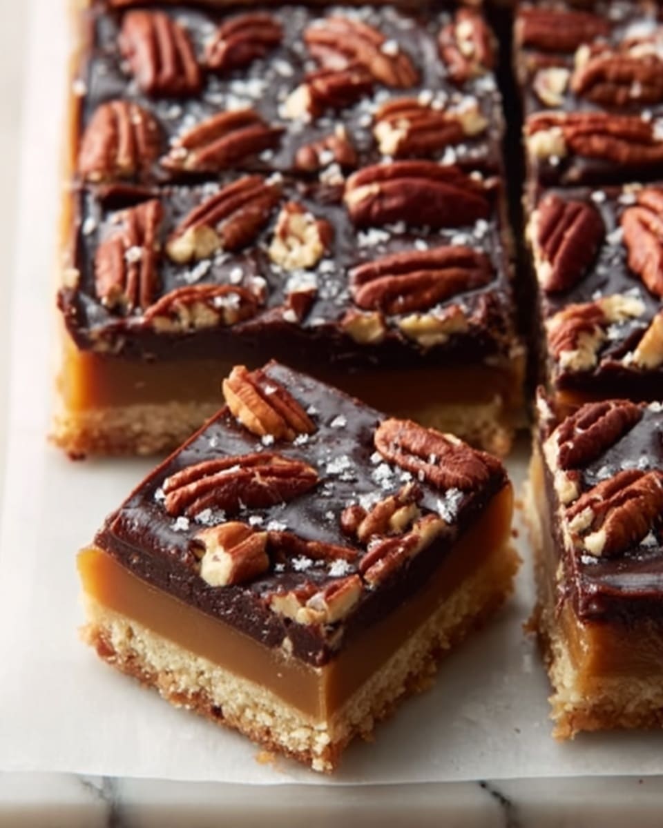 A tray of nine square dessert bars is shown, with the front bar slightly pulled out. Each bar has three layers: a crumbly light brown base, a smooth golden caramel middle, and a top layer of dark melted chocolate covered evenly with whole and chopped pecans, which are glossy and rich brown. The bars are placed on white parchment paper inside a rectangular white tray. The background is a white marbled texture. Photo taken with an iphone --ar 4:5 --v 7