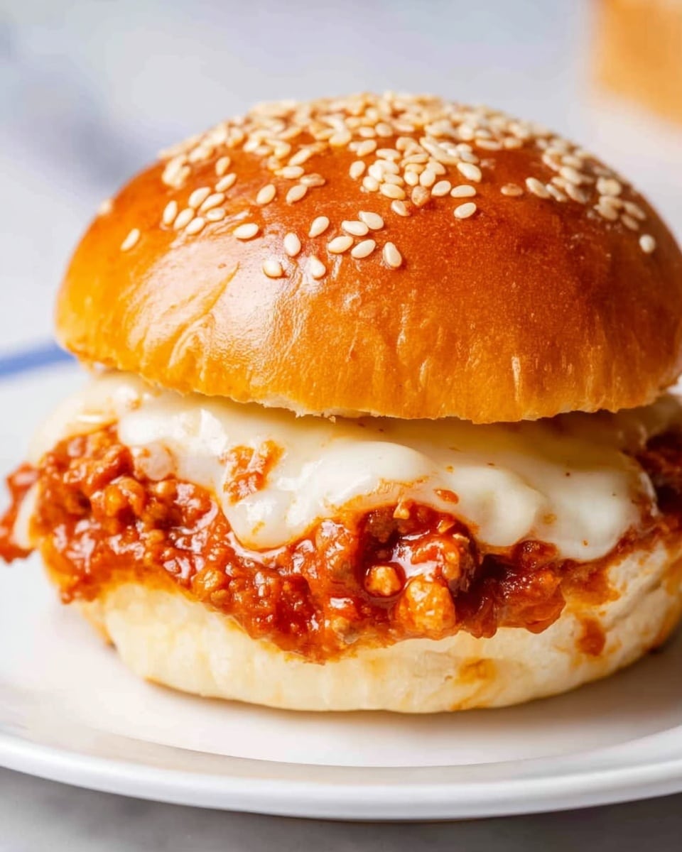 A close-up view of a sandwich shows a golden brown sesame seed bun on top with a shiny and slightly textured surface. Below the bun is a layer of melted white cheese, soft and stringy, covering a thick, rich red tomato-based sauce with chunks of cooked meat mixed in, giving it a hearty and chunky texture. The sandwich sits on a simple white plate with a smooth finish, placed on a white marbled textured surface. photo taken with an iphone --ar 4:5 --v 7