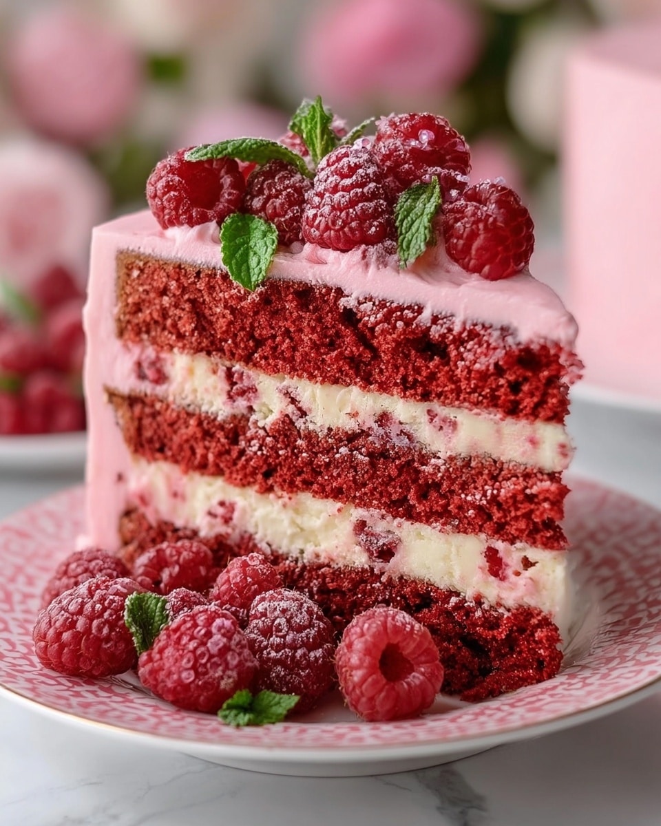 A close-up of a three-layer red velvet cake slice on a white plate with pink patterns, placed on a white marbled surface. The cake has three thick, moist red layers separated by thin white cream layers with visible red specks. The outside of the cake is coated in smooth pink frosting. On top and around the base of the slice are fresh and frosted raspberries, some with green mint leaves, creating a fresh, colorful topping. The background is soft and blurred with hints of pink flowers. photo taken with an iphone --ar 4:5 --v 7