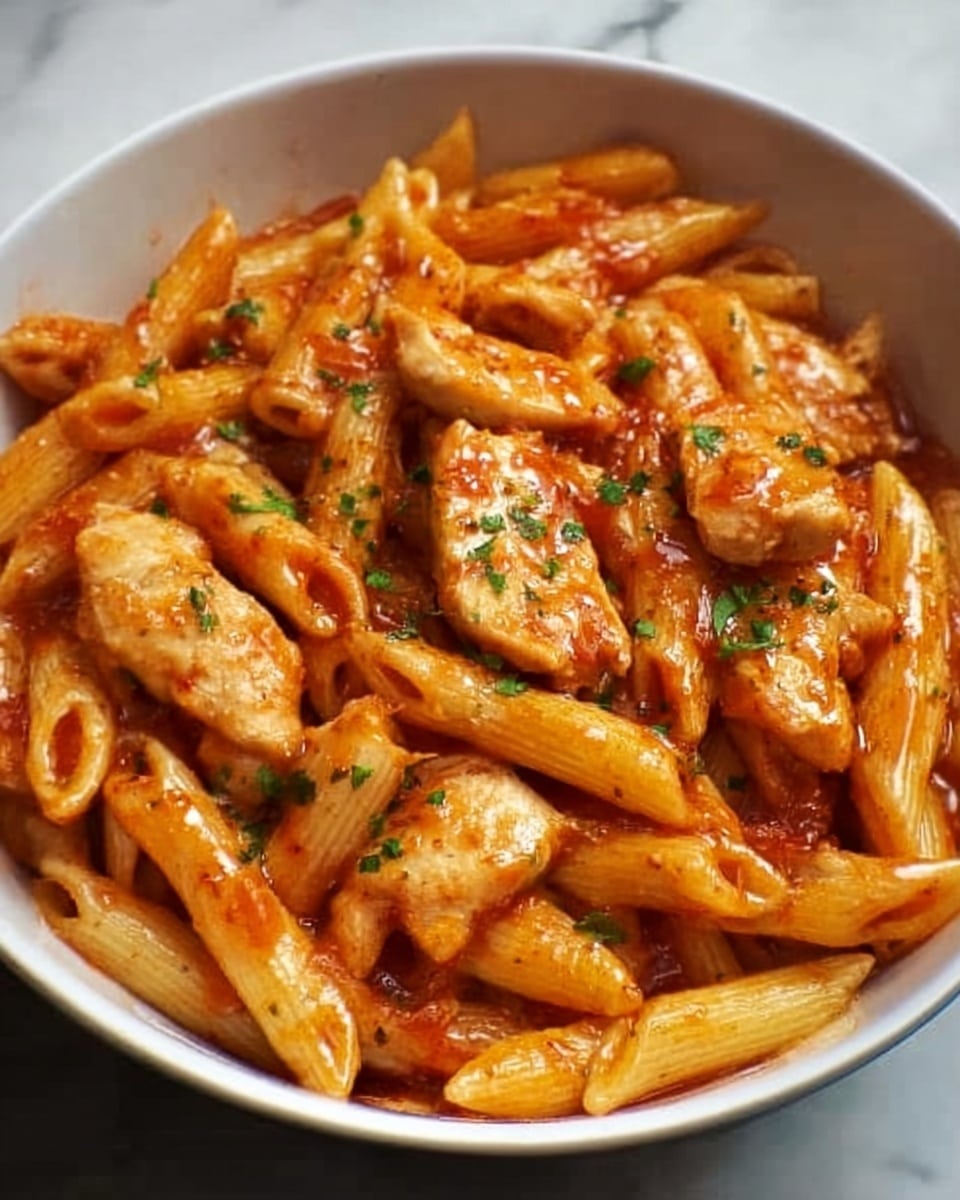 A bowl of cooked penne pasta mixed with pieces of chicken, all coated in a shiny red tomato sauce. The penne pasta is pale yellow with soft edges, and the chicken pieces are light golden brown with a slight crispy look. Small green herbs are sprinkled on top, adding a touch of color contrast. The bowl is white, set on a white marbled surface, with the sauce giving a glossy, rich finish over the pasta and chicken. photo taken with an iphone --ar 4:5 --v 7
