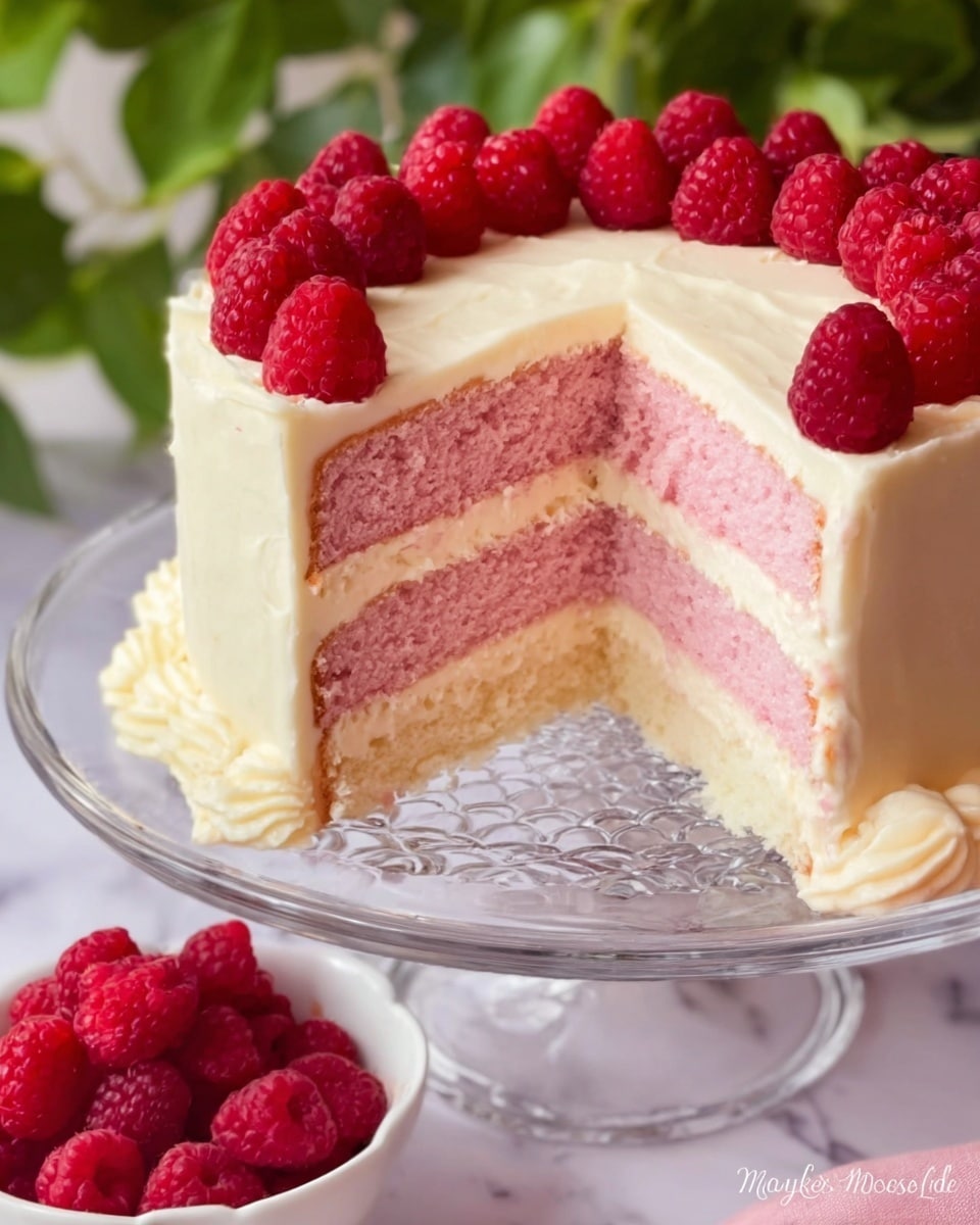 The image shows a three-layer cake on a clear glass cake stand. The cake layers are light pink with a soft, spongy texture. Between each layer, there is a thin layer of smooth, white cream. The outside of the cake is covered in thick, creamy white frosting with slight decorative swirls on top. Fresh red raspberries are placed in a circle on top of the cake as decoration. In the bottom left corner, there is a white bowl filled with more raspberries. The scene is set on a white marbled textured surface with green leaves blurred in the background. Photo taken with an iphone --ar 4:5 --v 7