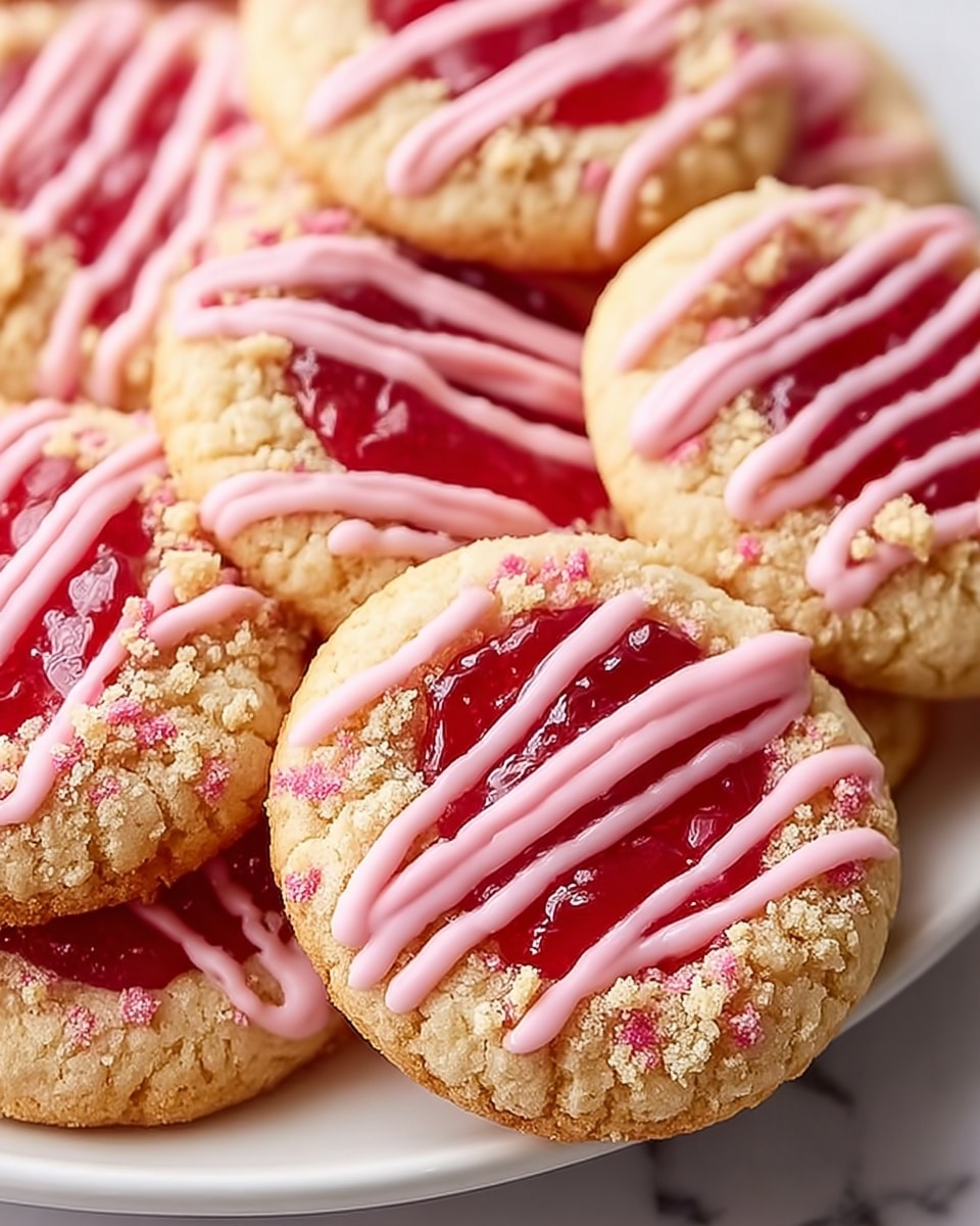 The image shows several round cookies arranged closely on a white plate placed on a white marbled surface. Each cookie has three visible layers: the bottom layer is a light golden-brown crumbly cookie base, the middle layer is a shiny red jelly filling spread evenly across the top, and the top layer features pink icing drizzled in thick diagonal stripes with small pieces of crumb sprinkled around. The cookies look soft and textured, with the pink icing glossy and smooth, and the red jelly slightly translucent. Photo taken with an iphone --ar 4:5 --v 7