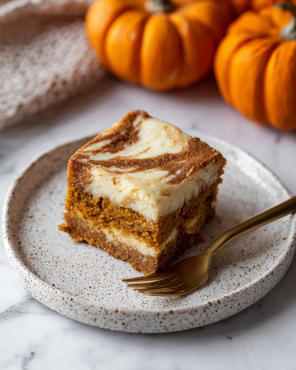 A slice of marbled pumpkin cake with two visible layers is placed on a white speckled plate; the bottom and top layers are a moist orange-brown pumpkin cake with a soft, airy texture, while the middle layer is a creamy pale yellow cheesecake filling. A piece of the cake is cut and held on a gold fork, showing the crumbly inside. In the blurred background, there are two small orange pumpkins and a beige striped cloth on a white marbled surface. photo taken with an iphone --ar 4:5 --v 7