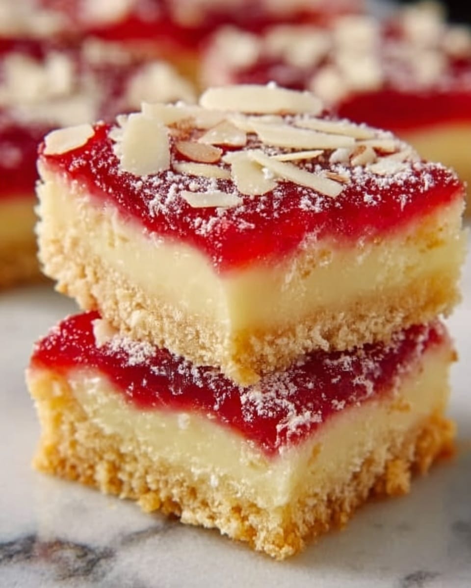 The image shows square dessert bars stacked in two layers on a white marbled surface. Each bar has three visible layers: the bottom layer is a thick, light golden crust with a crumbly texture; the middle layer is creamy and pale yellow, smooth and dense; the top layer is a bright red jam or fruit filling, glossy and slightly thick, sprinkled with small, thin, white almond slices giving a crunchy texture. The bars are cut cleanly, showing clear separations between the layers. photo taken with an iphone --ar 4:5 --v 7