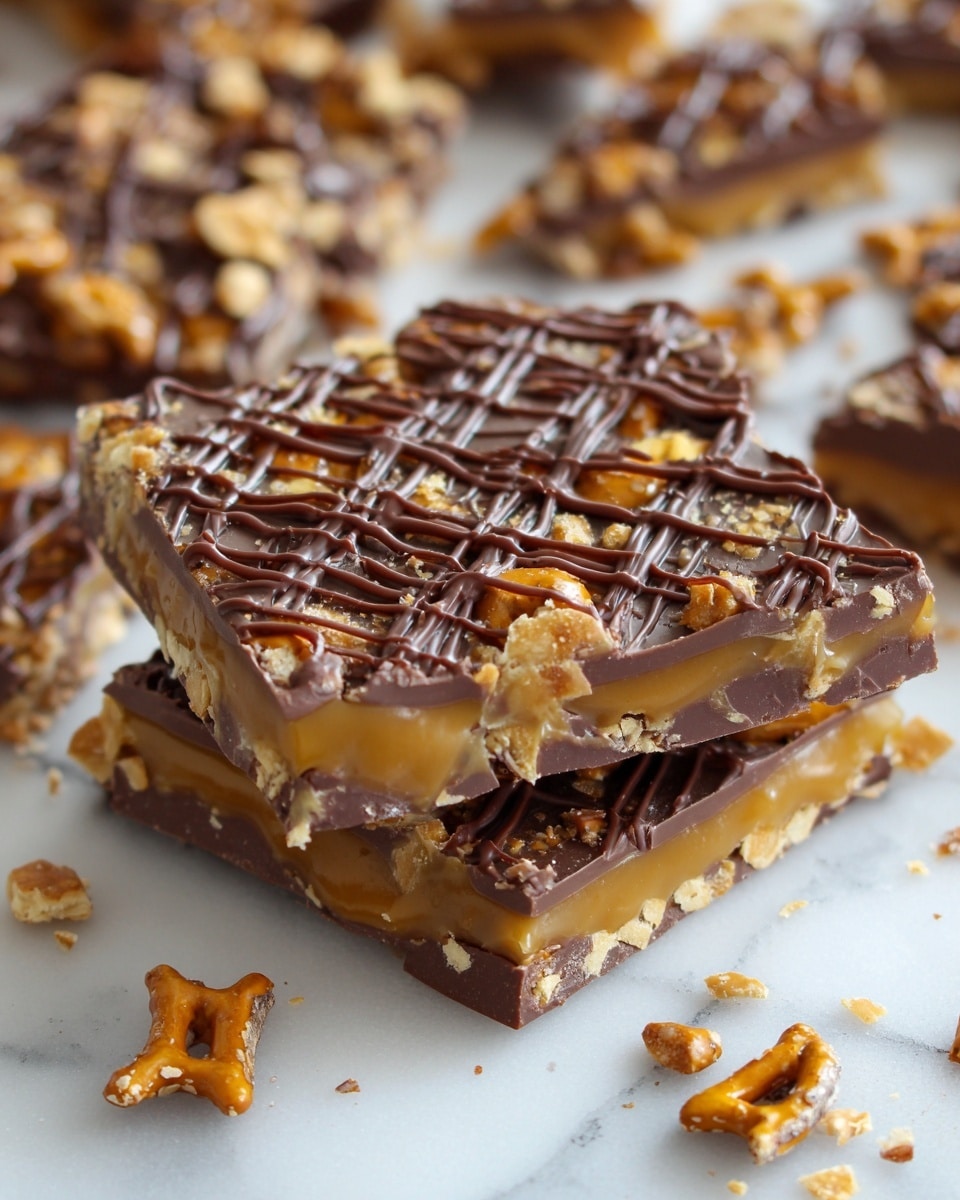 The image shows a stack of two layered square treats on a white marbled surface. The bottom layer is dark brown chocolate with crunchy pretzel pieces embedded in it. The top layer is golden caramel mixed with whole pretzels, covered by a drizzle of thin dark brown chocolate lines crossing each other. Around the stack, there are broken bits of chocolate and pretzel scattered loosely. Other similar pieces are blurred in the background. photo taken with an iphone --ar 4:5 --v 7