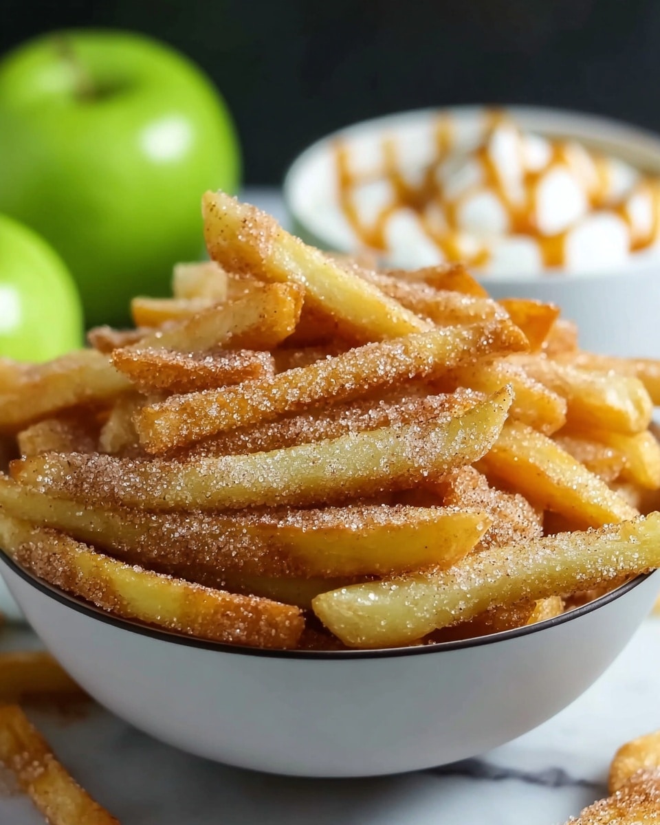 A black bowl filled with golden brown fried sticks coated with a layer of sugar and cinnamon, showing some clear granules on their crispy surface. The sticks are piled high, some lighter and slightly greenish at the ends, indicating they might be fried apple slices. In the blurred background, there is a small black bowl with white sauce and a swirl of caramel on top, plus blurred green apples placed on a white marbled texture surface. photo taken with an iphone --ar 4:5 --v 7