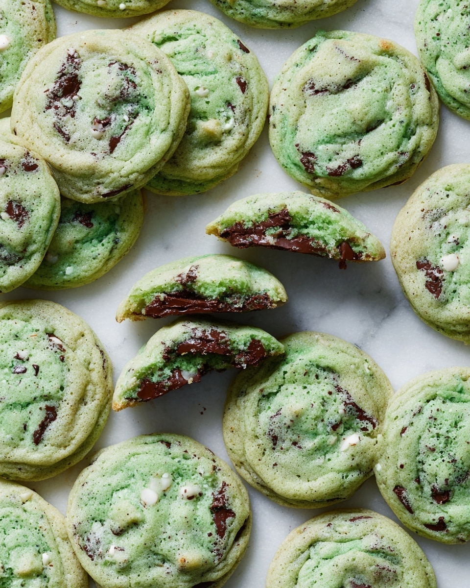 A group of round mint green cookies with a soft and slightly cracked top layer is spread out closely on a white marbled surface. Each cookie has visible chunks of melted dark brown chocolate embedded inside and scattered on the surface, adding texture and contrast. One cookie in the center is broken in half, revealing a soft, crumbly inside with more chocolate pieces. The colors range from light green to darker green parts with spots of shiny, melty chocolate bits. The cookies have a smooth but slightly bumpy edge that shows a normal baked golden bottom layer beneath the green top layer. Photo taken with an iphone --ar 4:5 --v 7